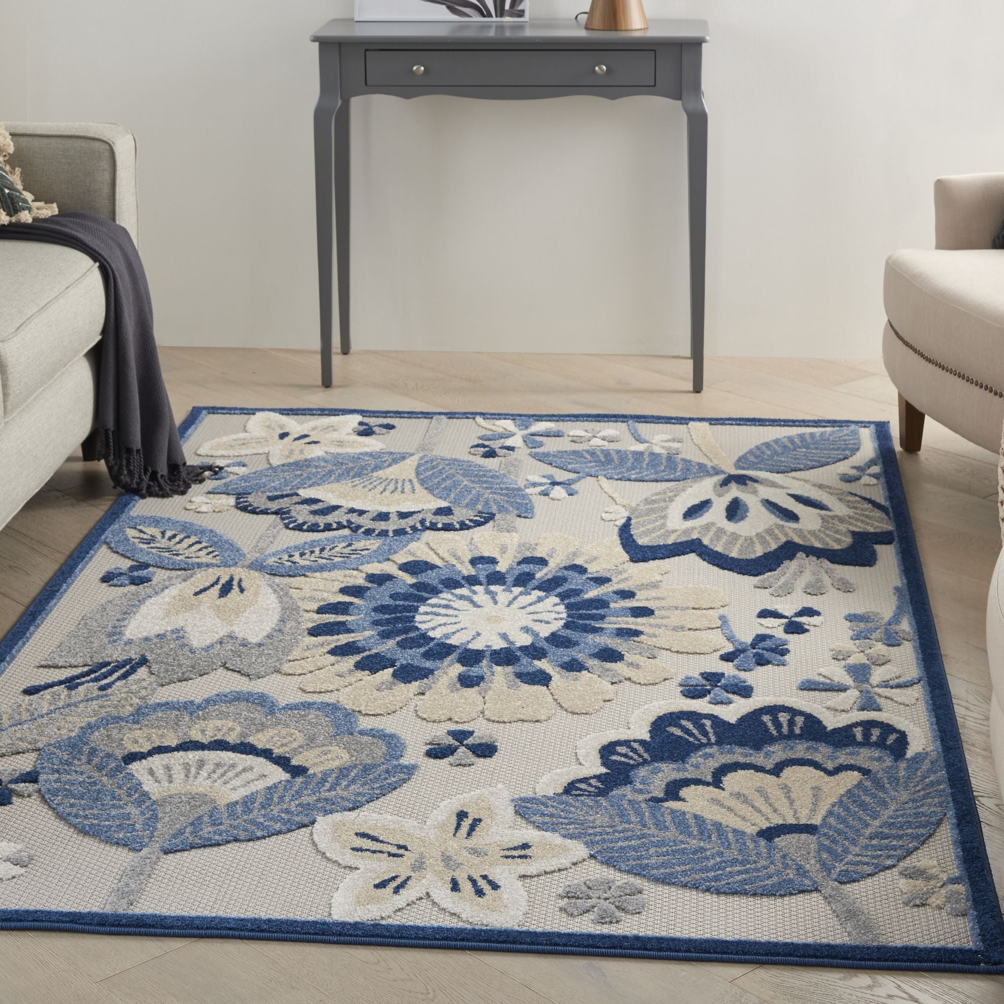 Blue Grey Contemporary Indoor Outdoor Floral Area Rug
