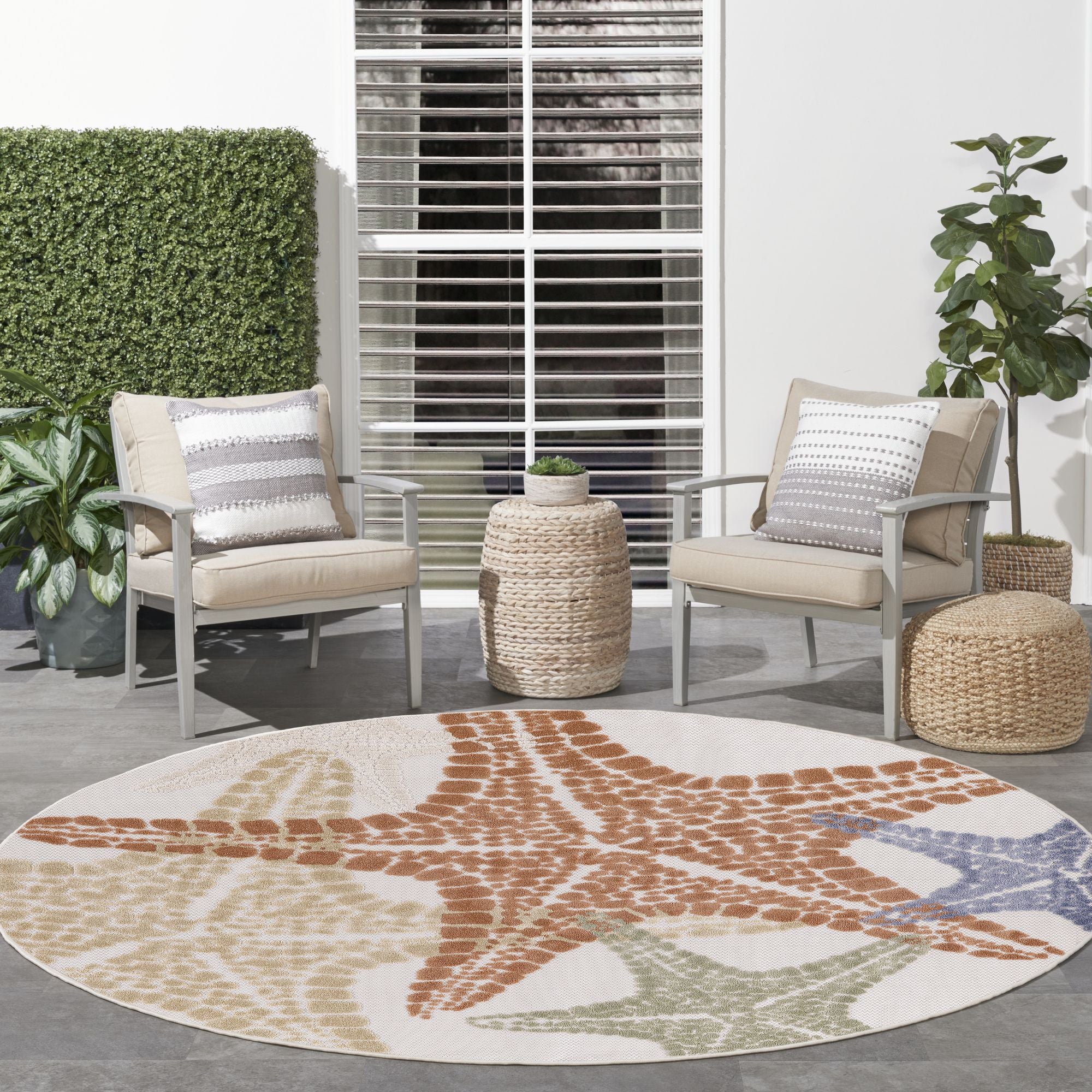 Ivory Multicolor Indoor Outdoor Starfish Pattern Rug