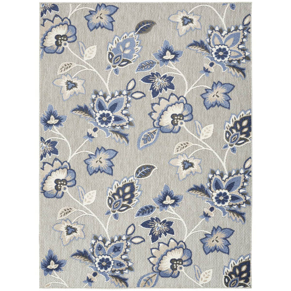 Blue Grey Farmhouse Floral Indoor Outdoor Rug