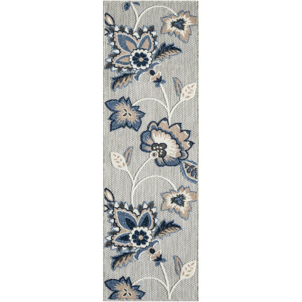 Blue Grey Farmhouse Floral Indoor Outdoor Rug