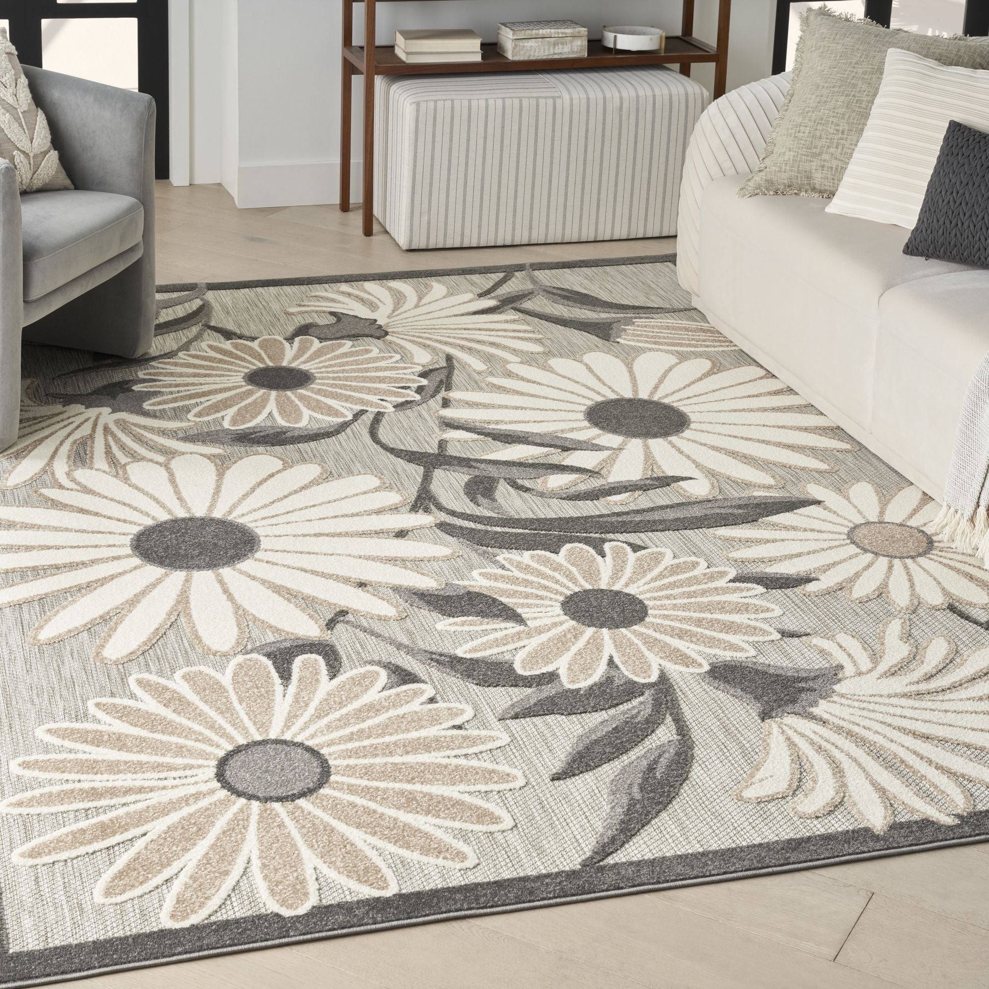 Beige Contemporary Indoor Outdoor Floral Area Rug