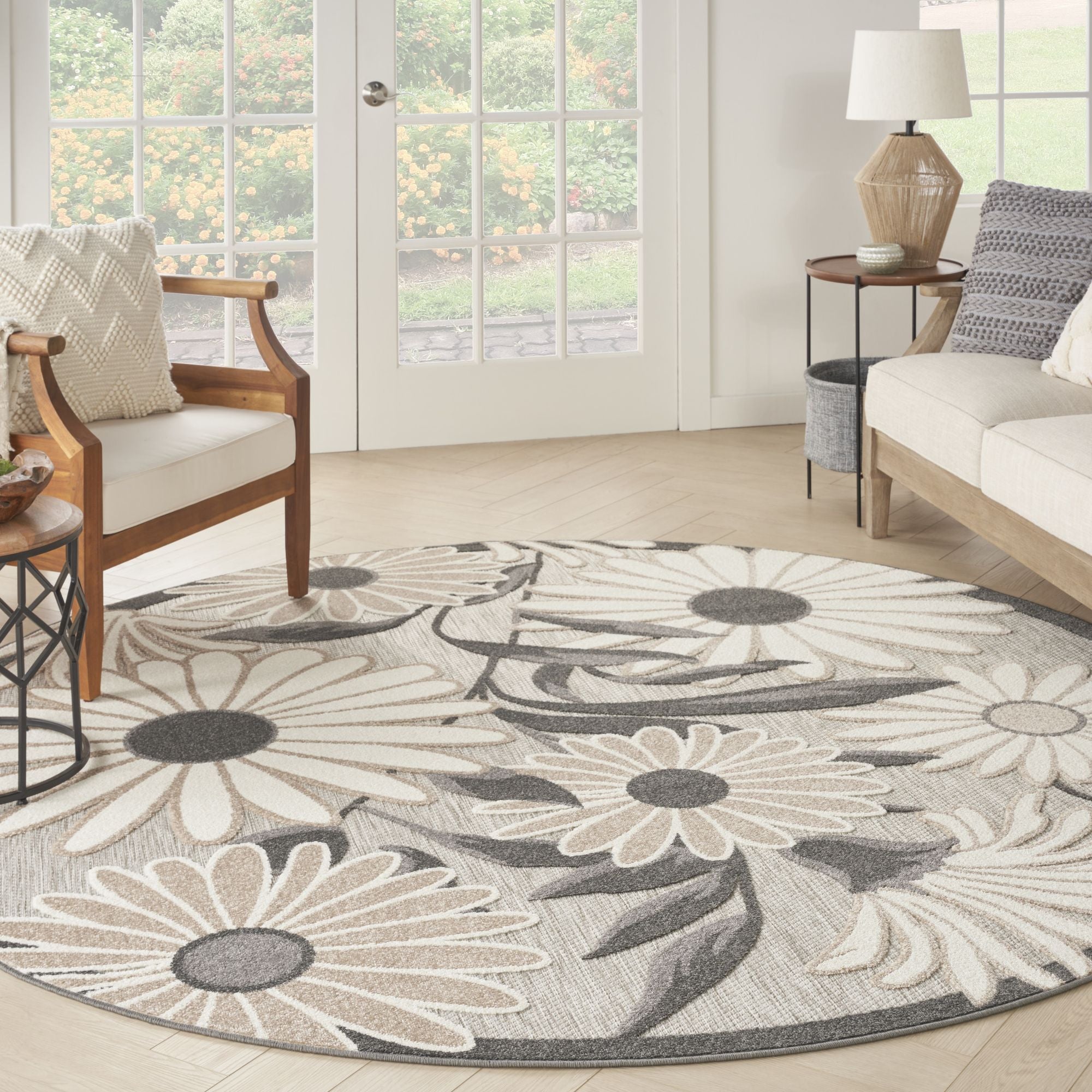 Beige Contemporary Indoor Outdoor Floral Area Rug