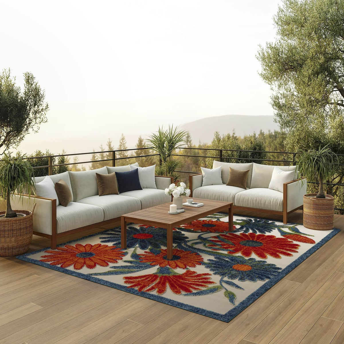 Ivory Multicolor Contemporary Indoor Outdoor Floral Area Rug