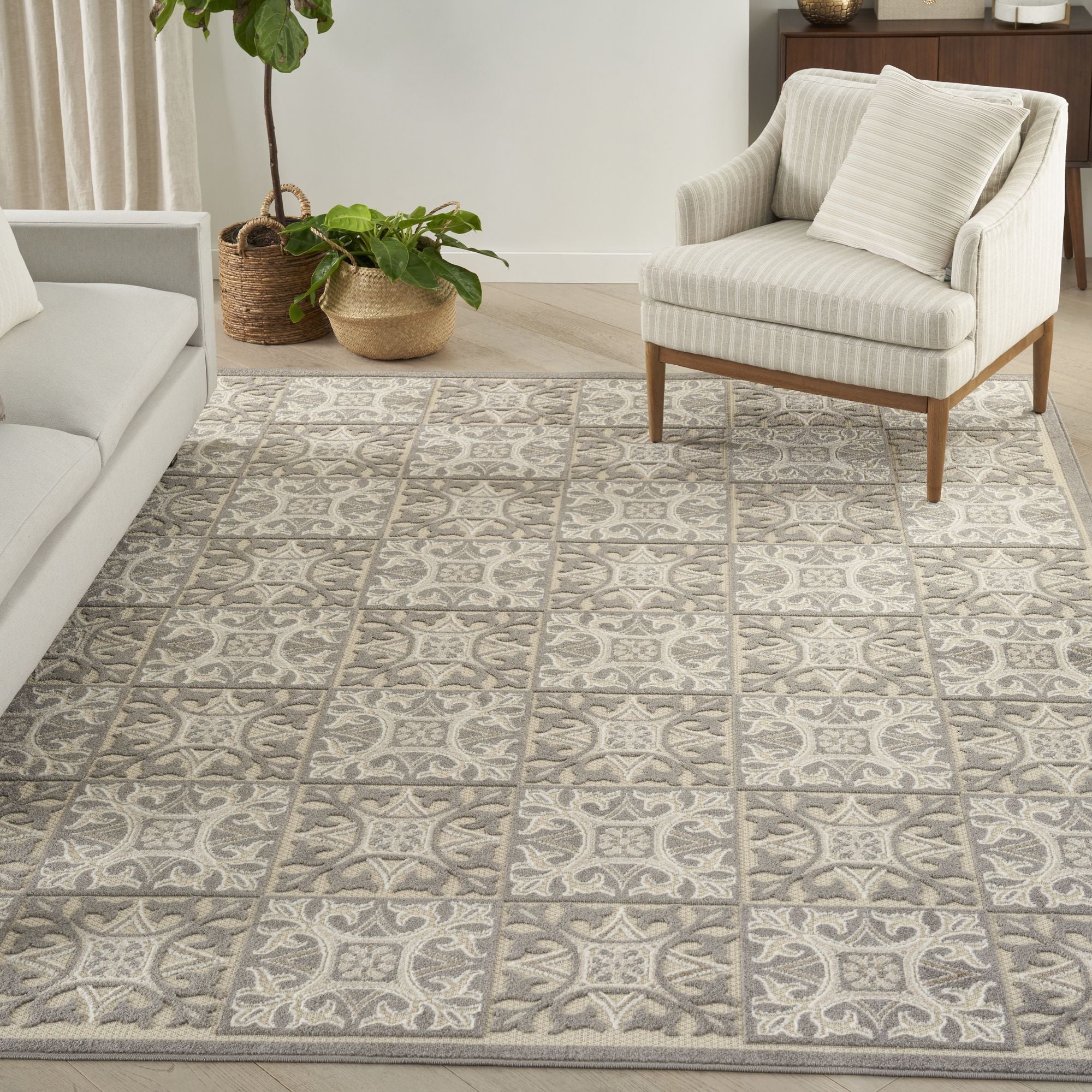 Ivory Grey Contemporary Indoor Outdoor Geometric Area Rug