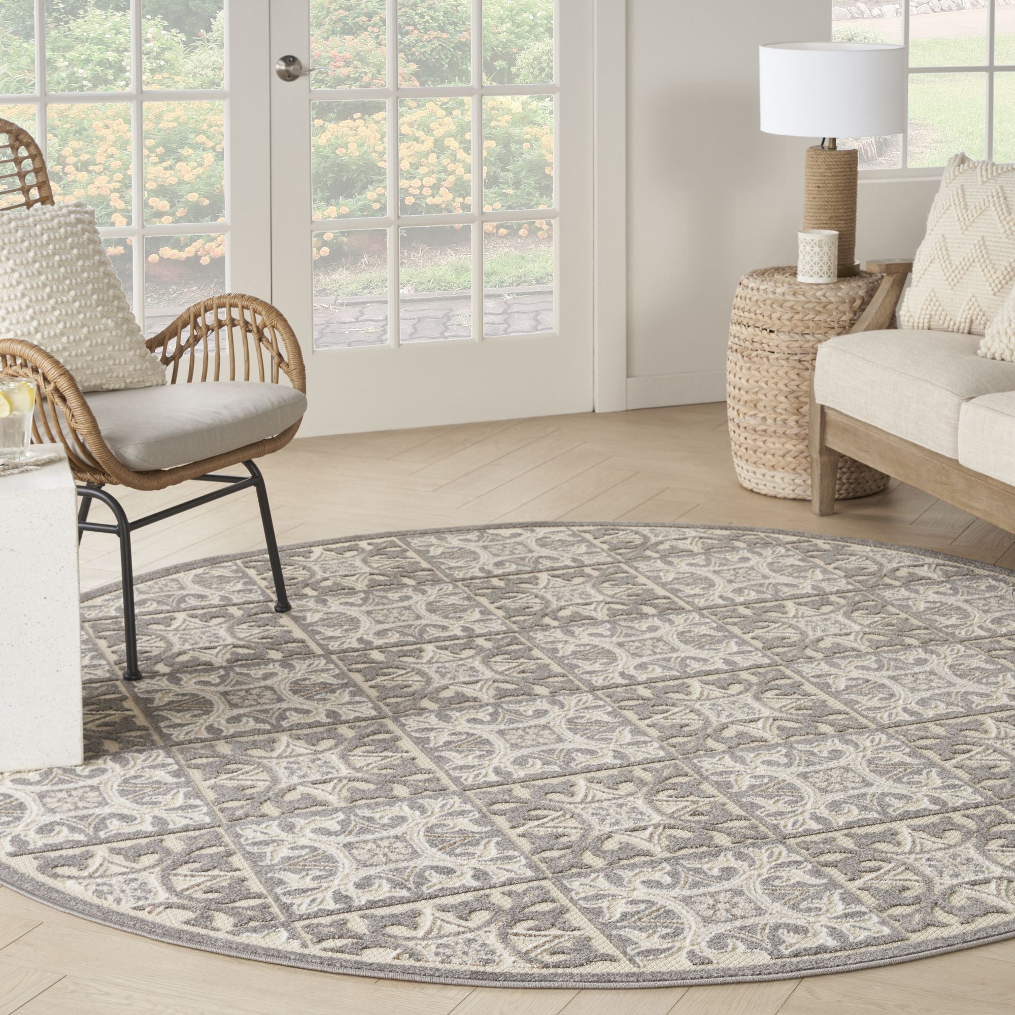 Ivory Grey Contemporary Indoor Outdoor Geometric Area Rug