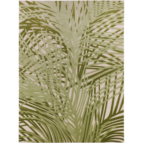 Ivory Green Tropical Leaf Indoor Outdoor Patio Rug