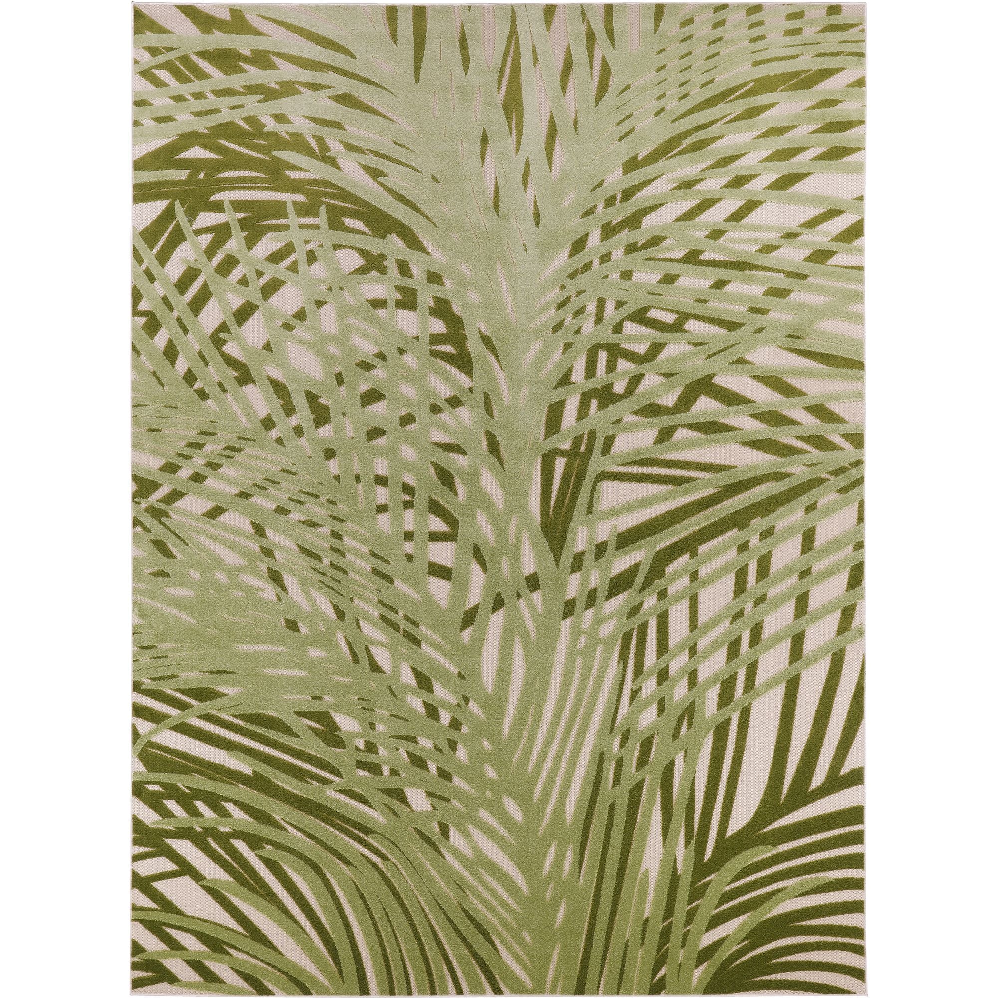 Ivory Green Tropical Leaf Indoor Outdoor Patio Rug