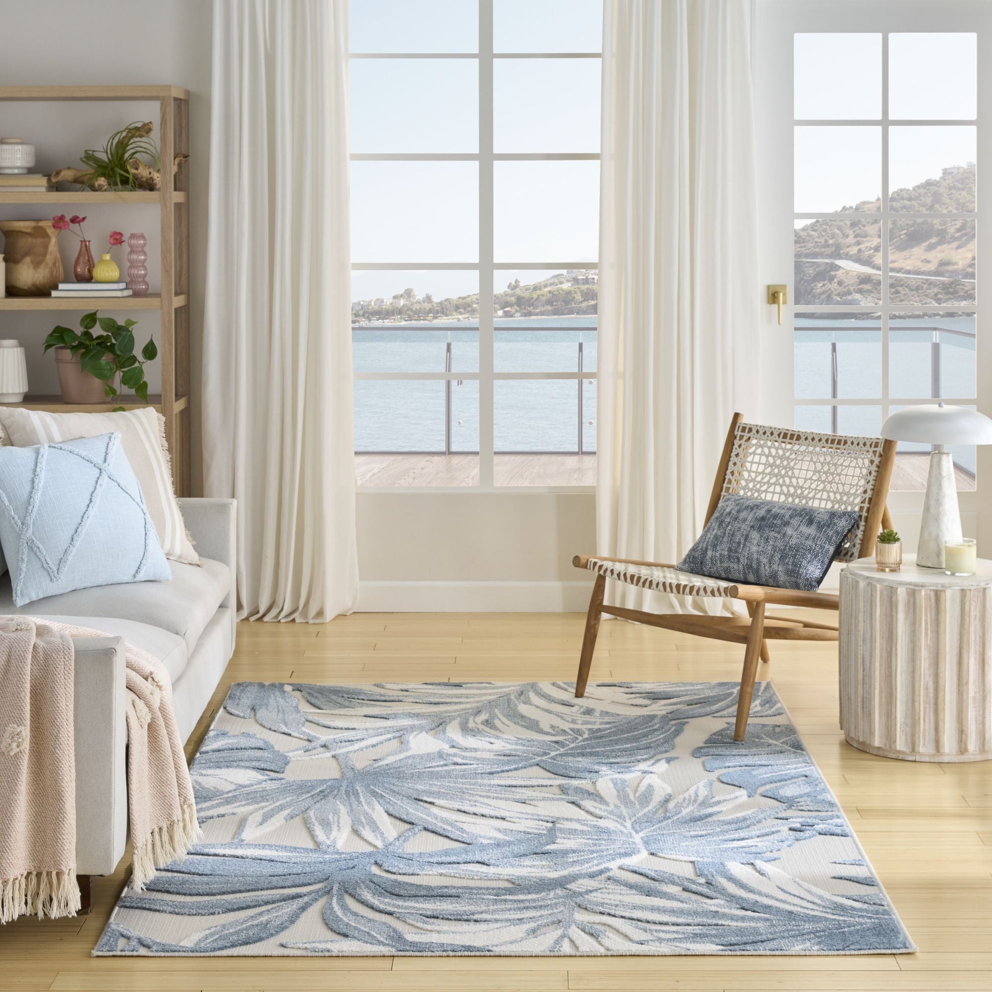 Ivory Blue Tropical Botanical Indoor Outdoor Area Rug