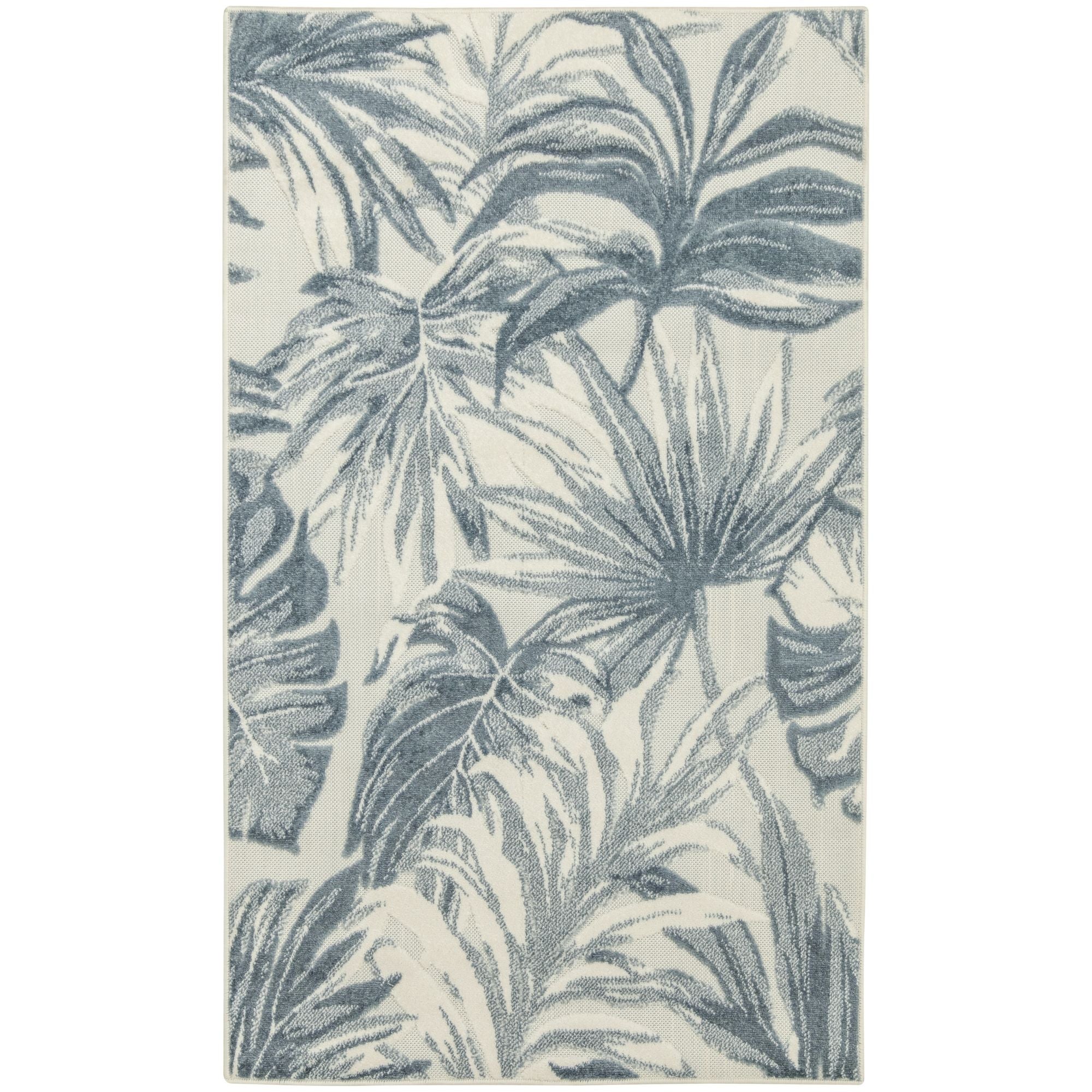 Ivory Blue Tropical Botanical Indoor Outdoor Area Rug