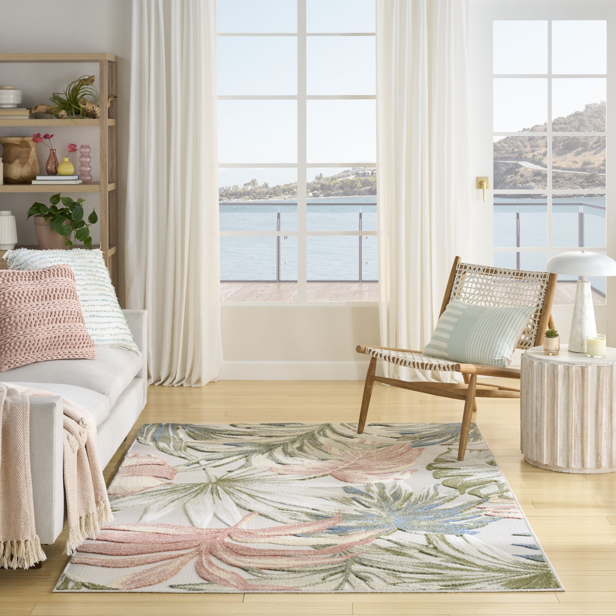 Ivory Green Tropical Botanical Indoor Outdoor Area Rug