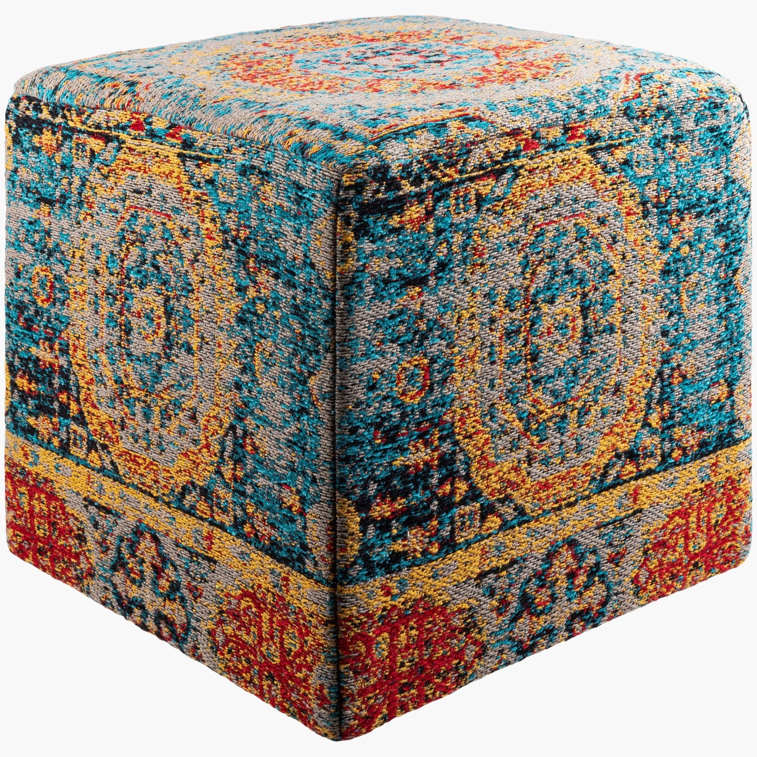 Amsterdam Ottoman in Blue & Mustard & Red & Black & Medium Gray