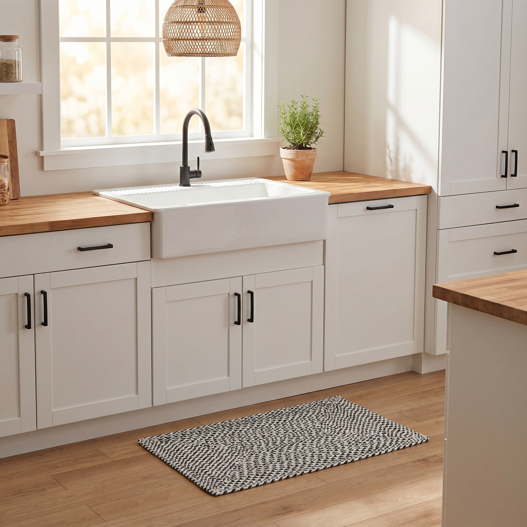 Black, white and gray cotton braided rectangular accent rug in a modern farmhouse kitchen in front of a farmhouse sink