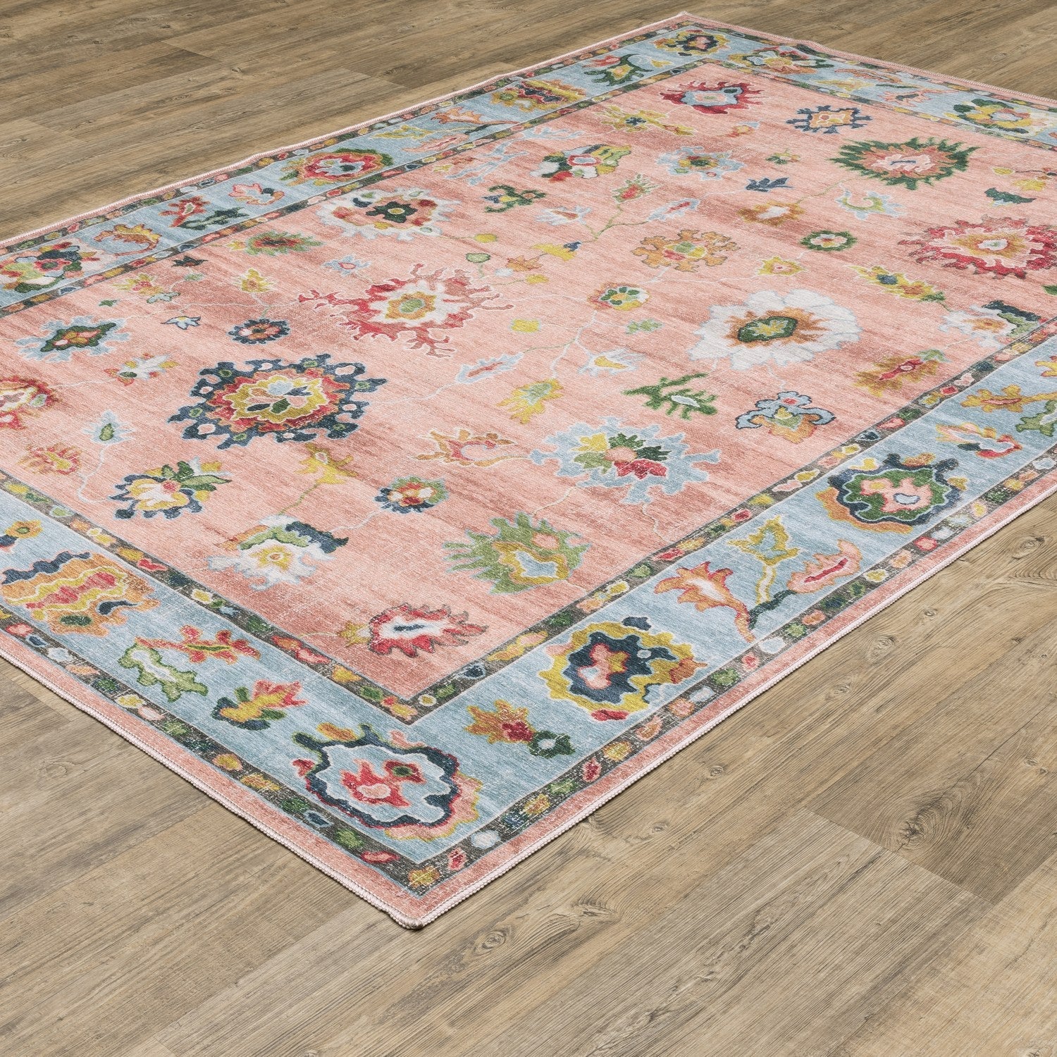 Addison Oushak Floral Pink Blue Machine Washable Rug - Addison ADD01