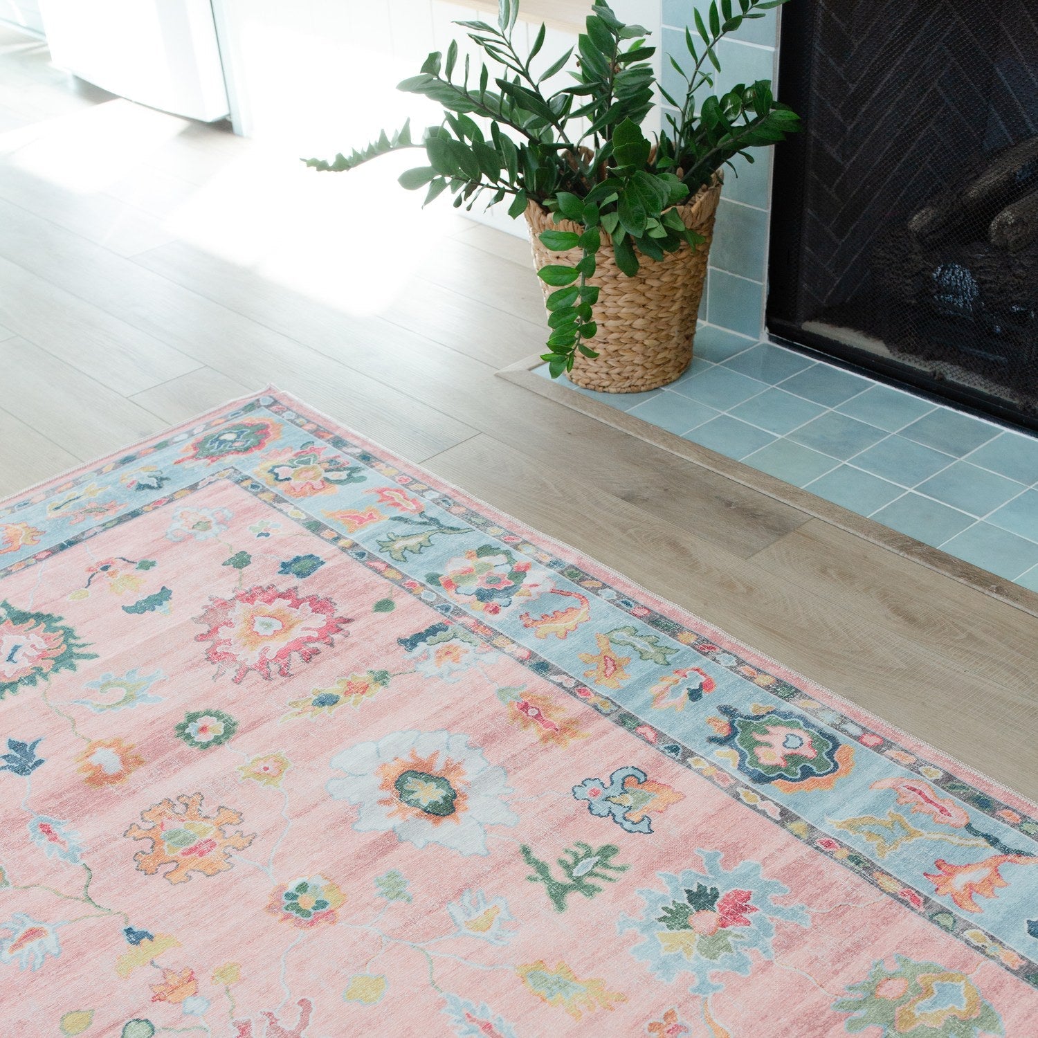 Addison Oushak Floral Pink Blue Machine Washable Rug - Addison ADD01