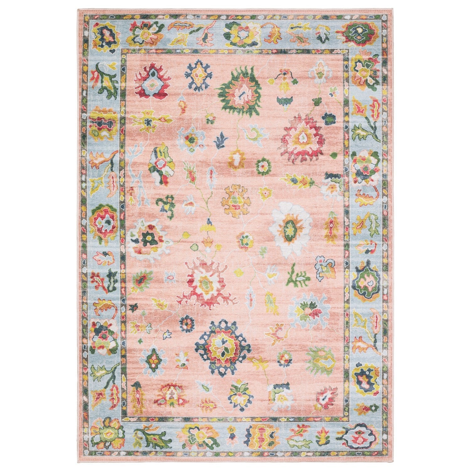 Addison Oushak Floral Pink Blue Machine Washable Rug - Addison ADD01 #_shape=Rectangle