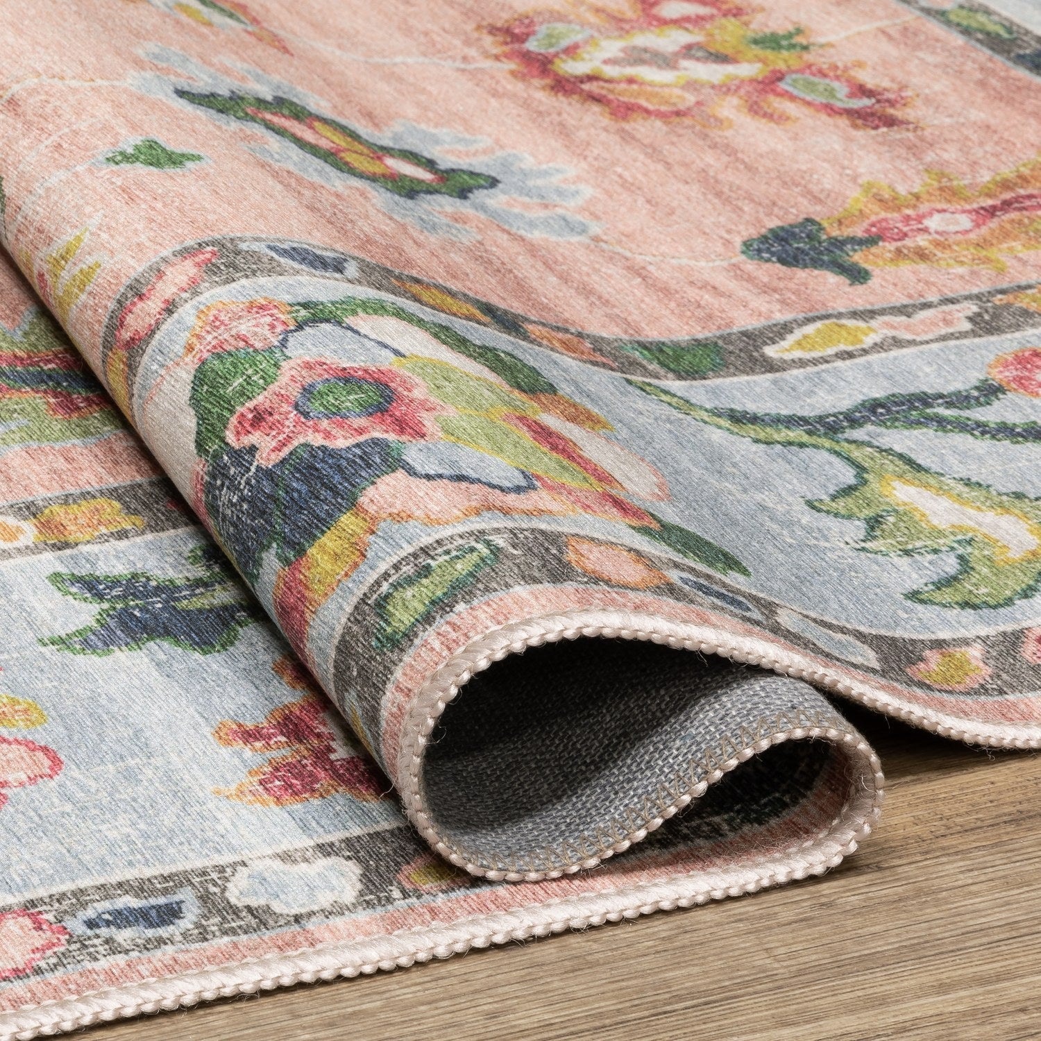 Addison Oushak Floral Pink Blue Machine Washable Rug - Addison ADD01