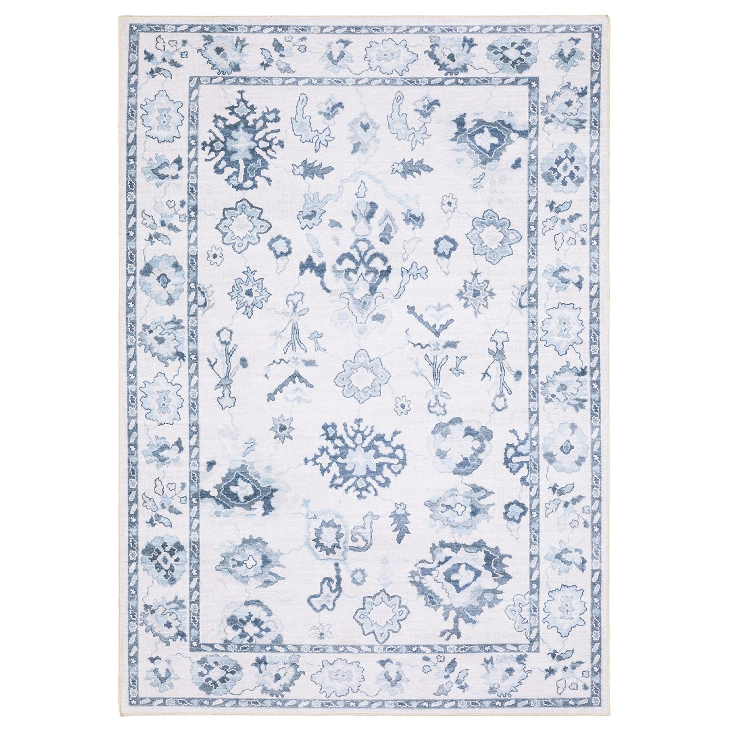 Addison Oushak Floral Ivory Blue Machine Washable Rug - Addison ADD02 #_shape=Rectangle