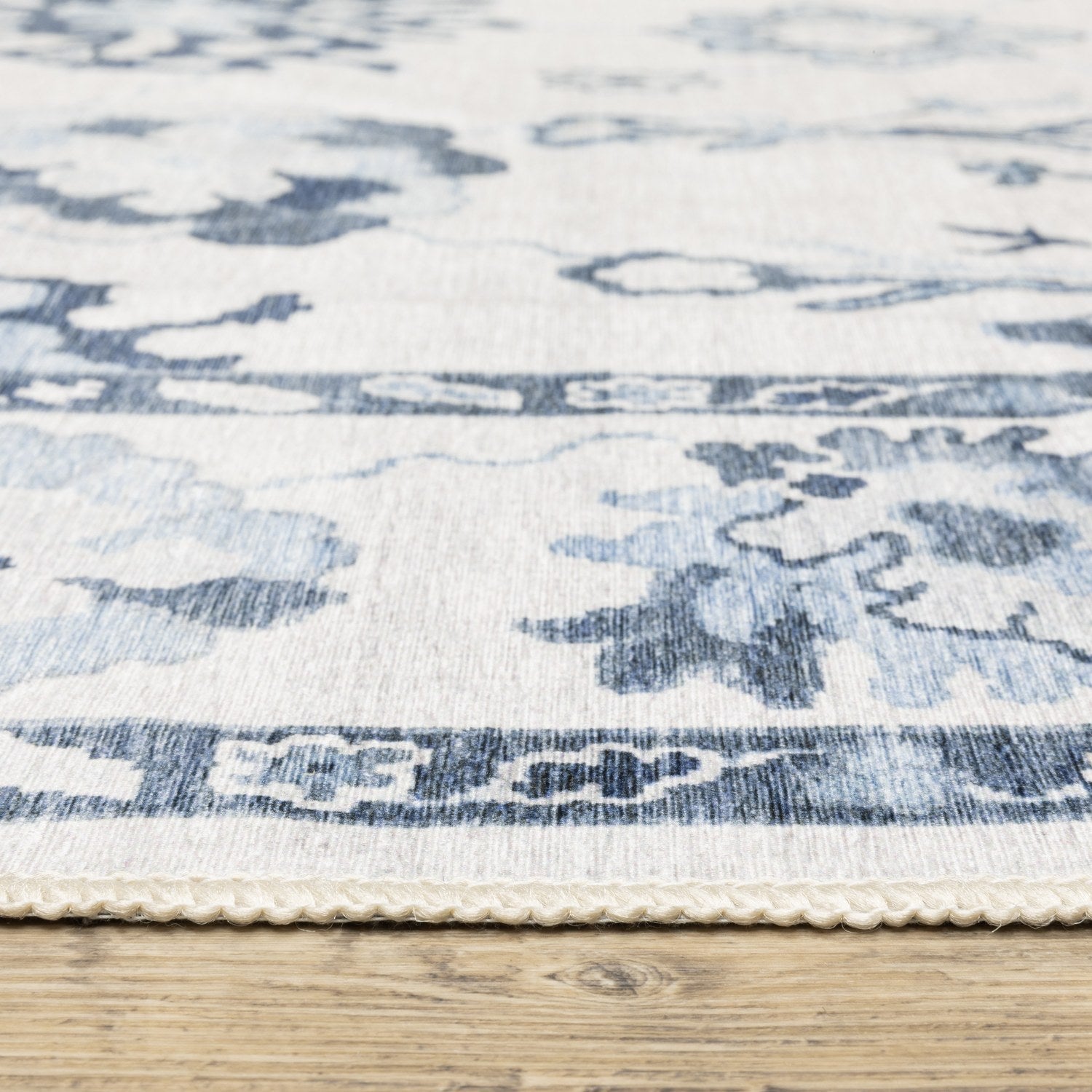 Addison Oushak Floral Ivory Blue Machine Washable Rug - Addison ADD02