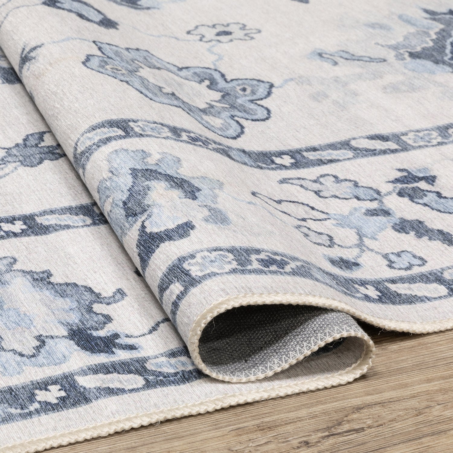 Addison Oushak Floral Ivory Blue Machine Washable Rug - Addison ADD02