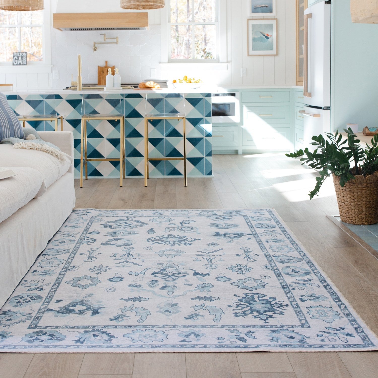 Addison Oushak Floral Ivory Blue Machine Washable Rug - Addison ADD02