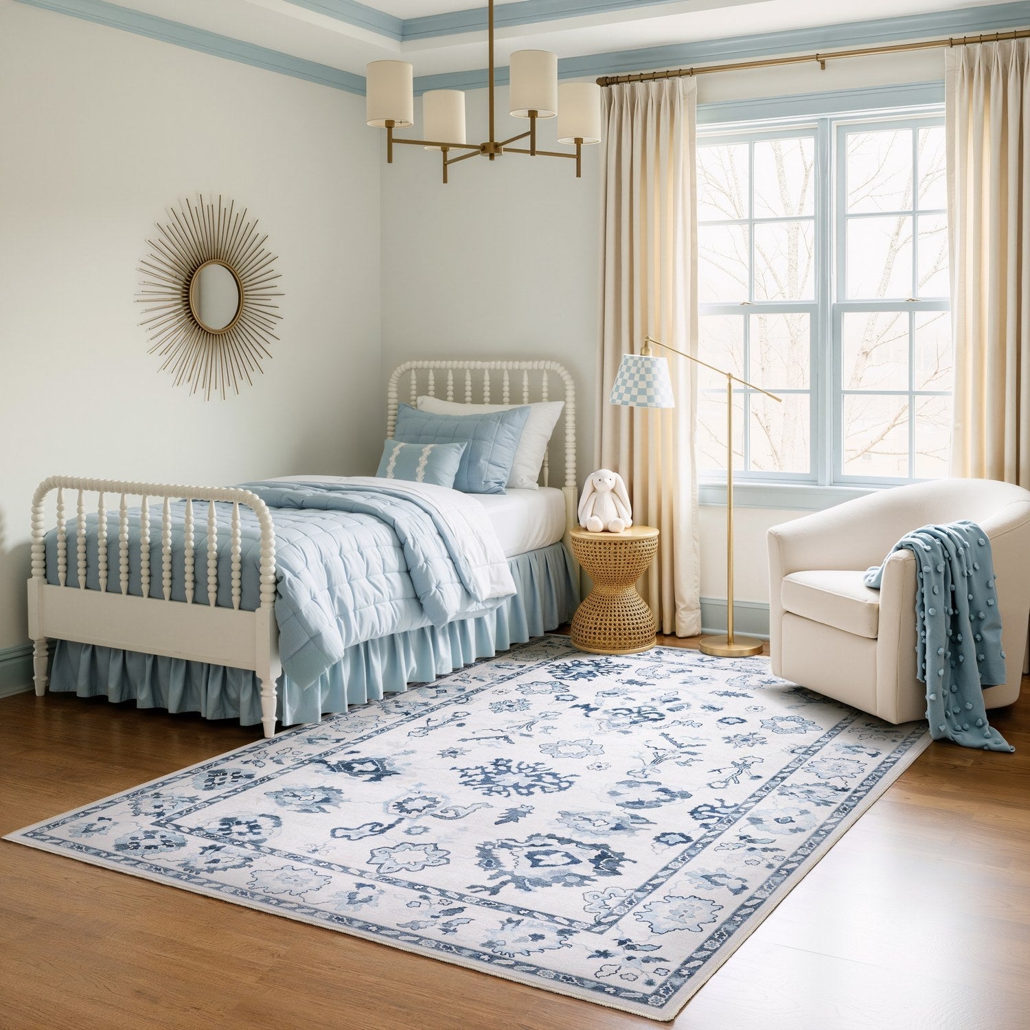 Addison Oushak Floral Ivory Blue Machine Washable Rug - Addison ADD02
