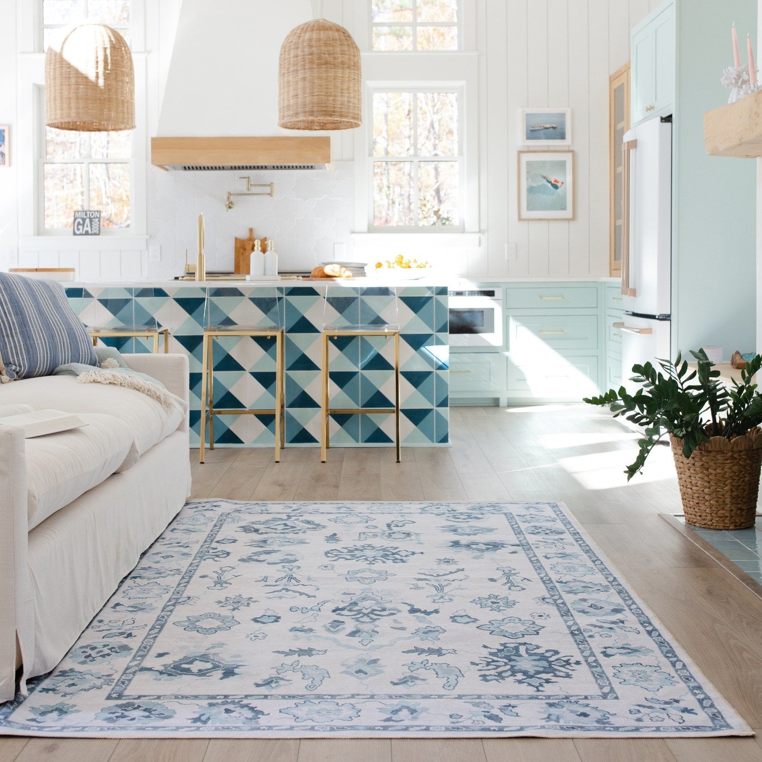 Addison Oushak Floral Ivory Blue Machine Washable Rug - Addison ADD02