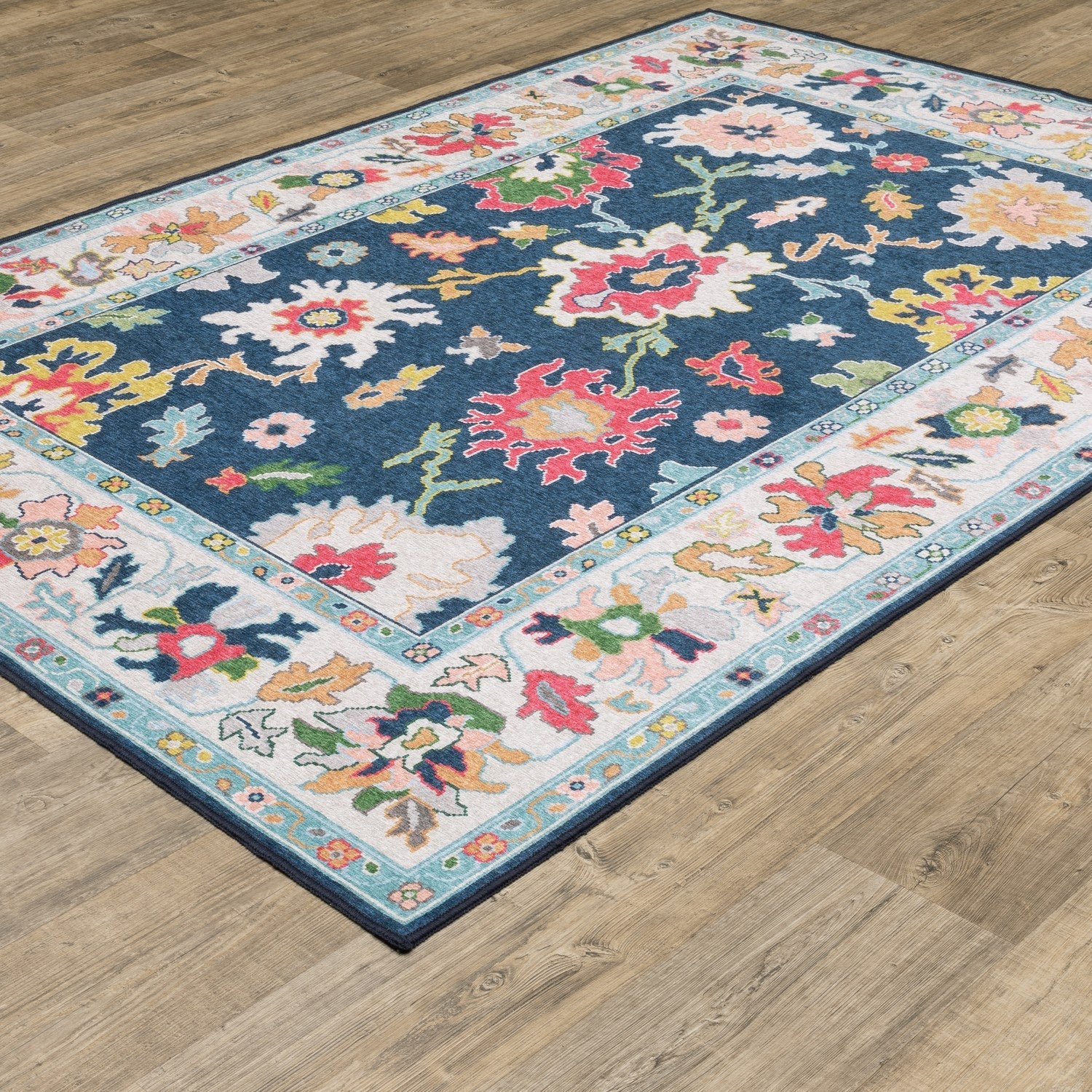Addison Bold Floral Navy Multi Machine Washable Rug - Addison ADD03