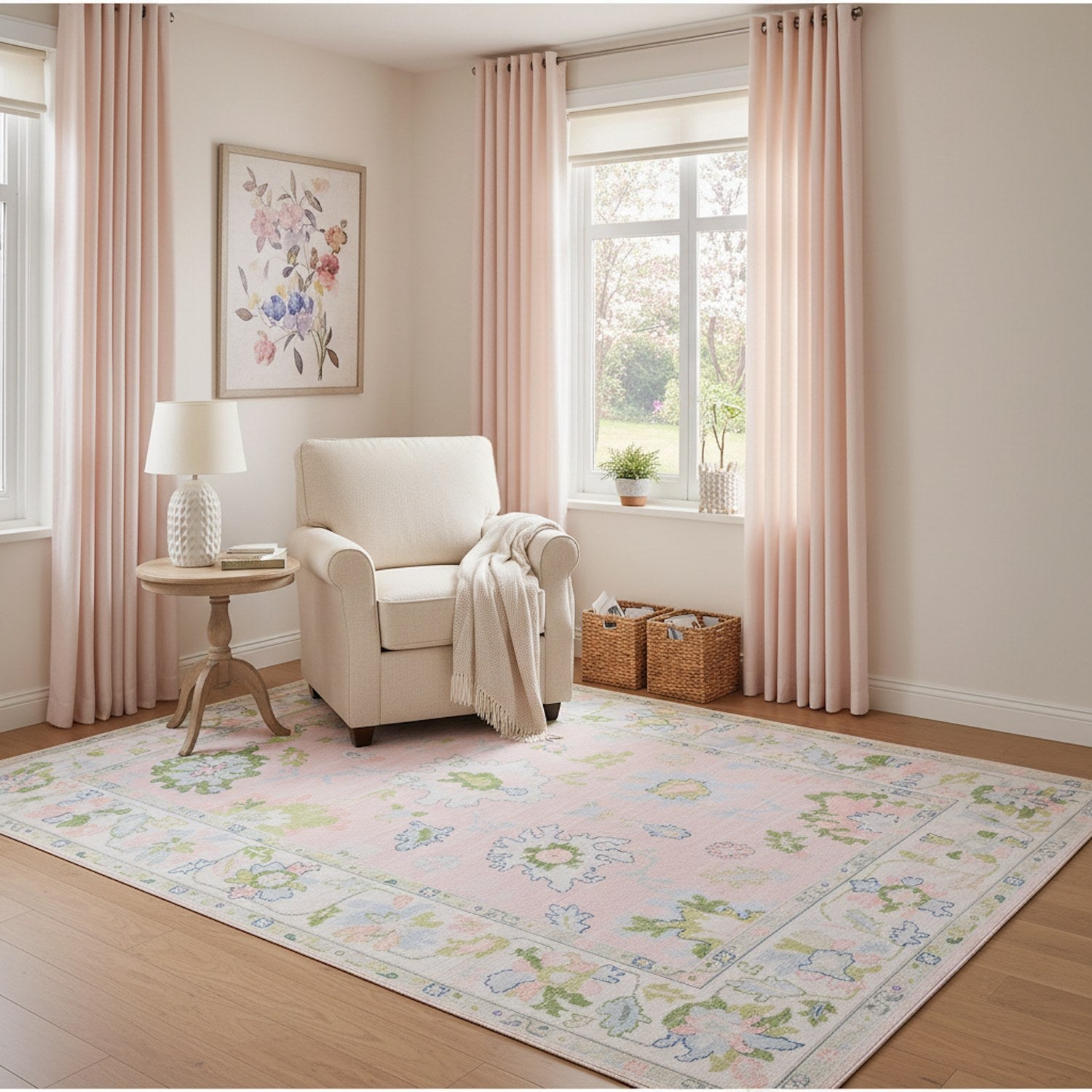 Addison Oushak Floral Blush Green Machine Washable Rug - Addison ADD04
