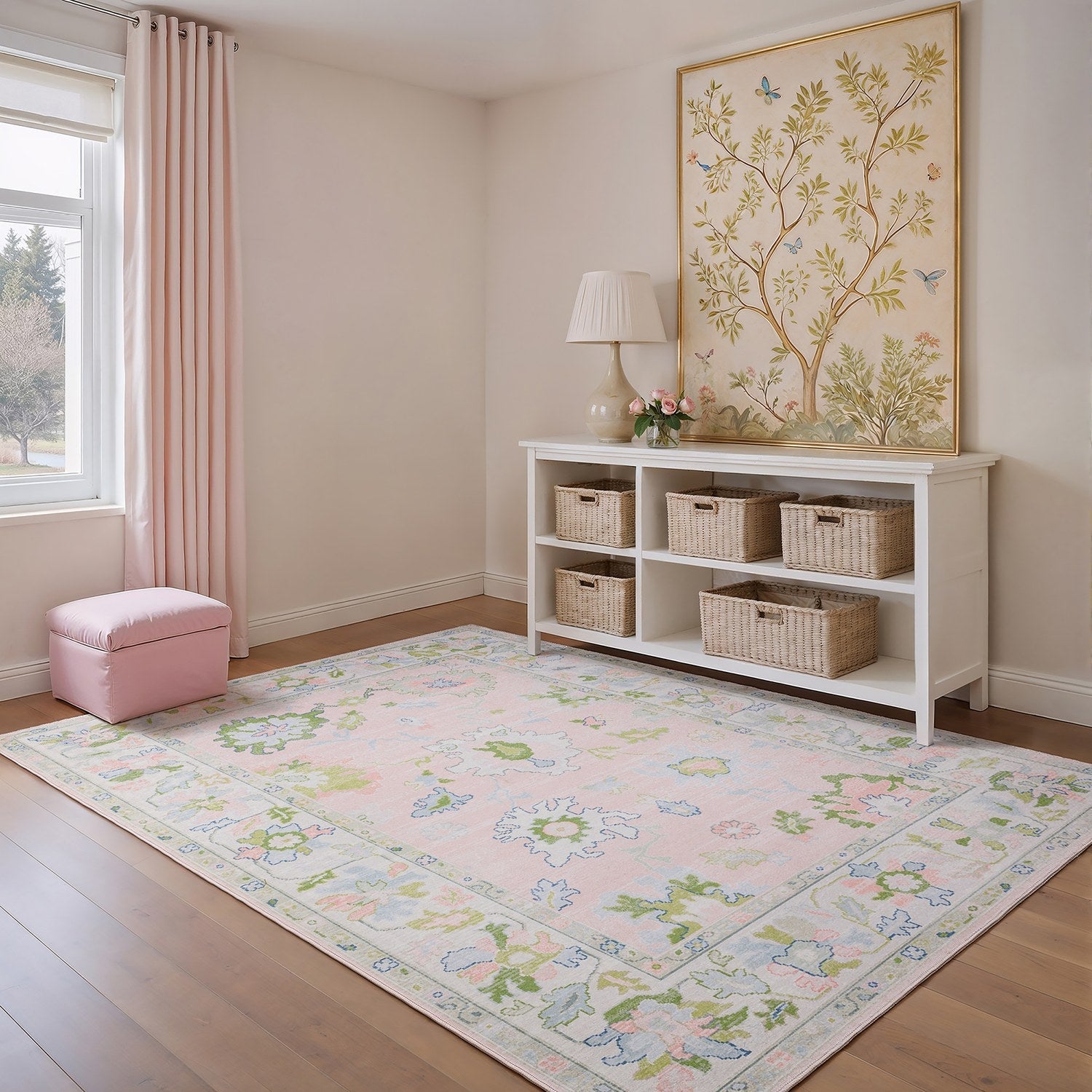 Addison Oushak Floral Blush Green Machine Washable Rug - Addison ADD04