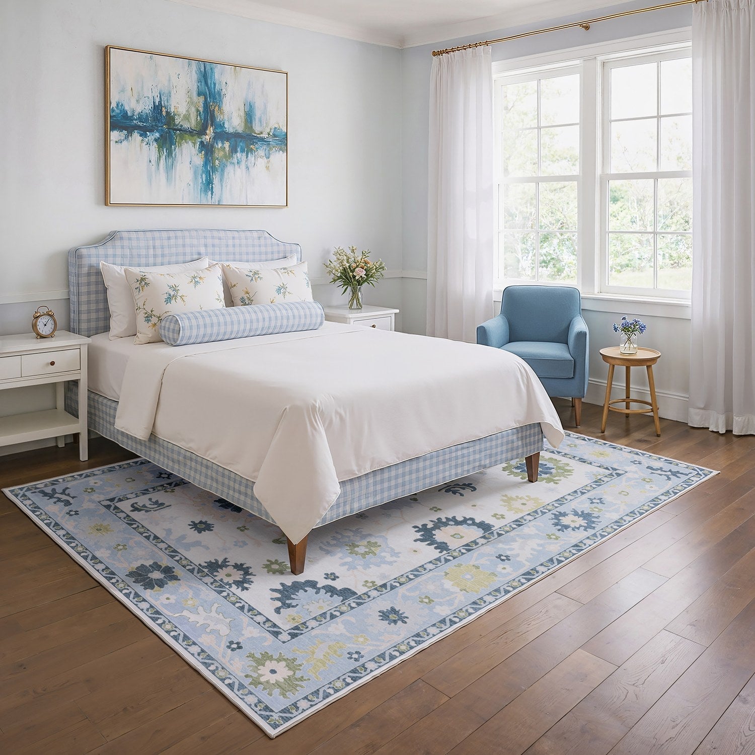 Addison Oushak Floral White Blue Machine Washable Rug - Addison ADD05