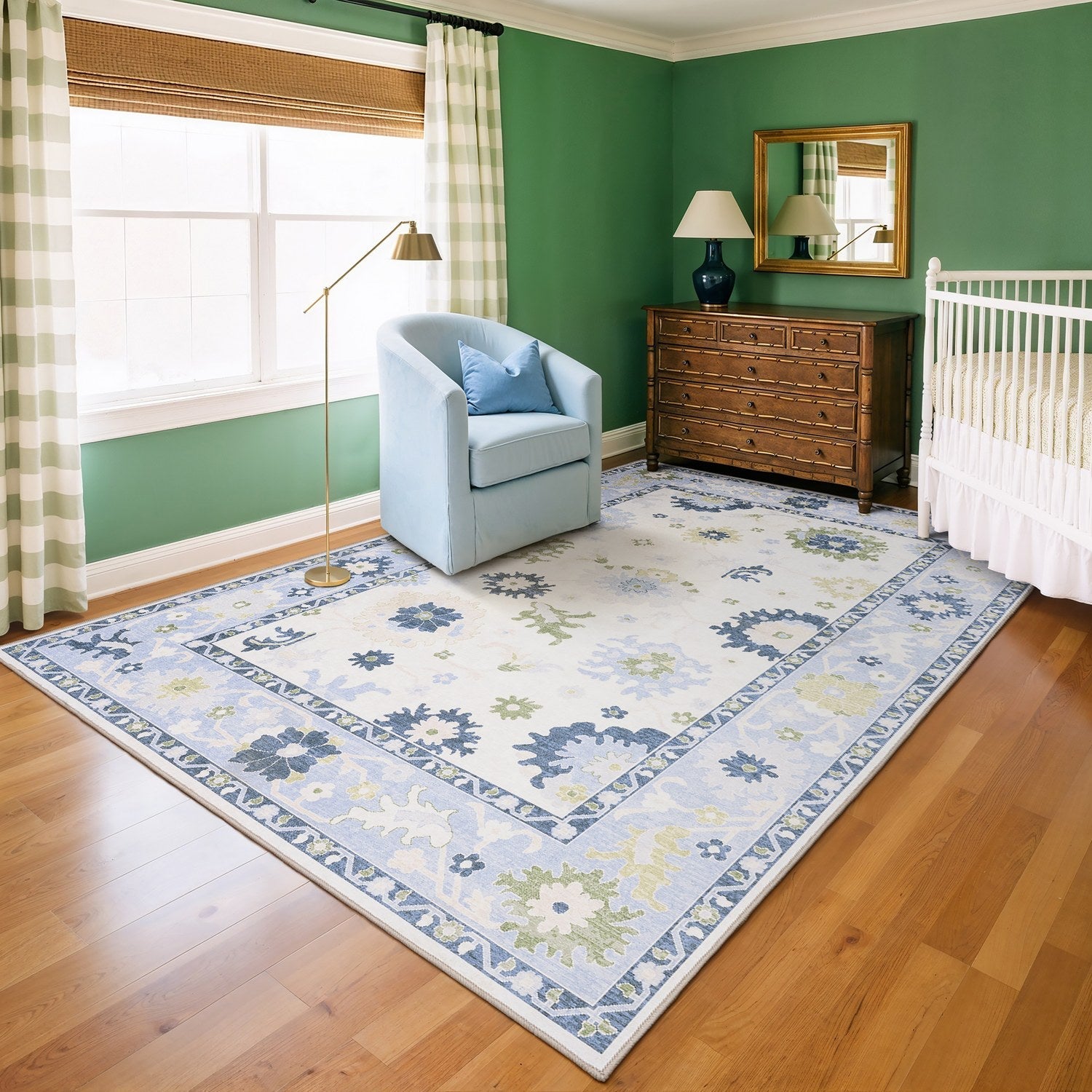 Addison Oushak Floral White Blue Machine Washable Rug - Addison ADD05