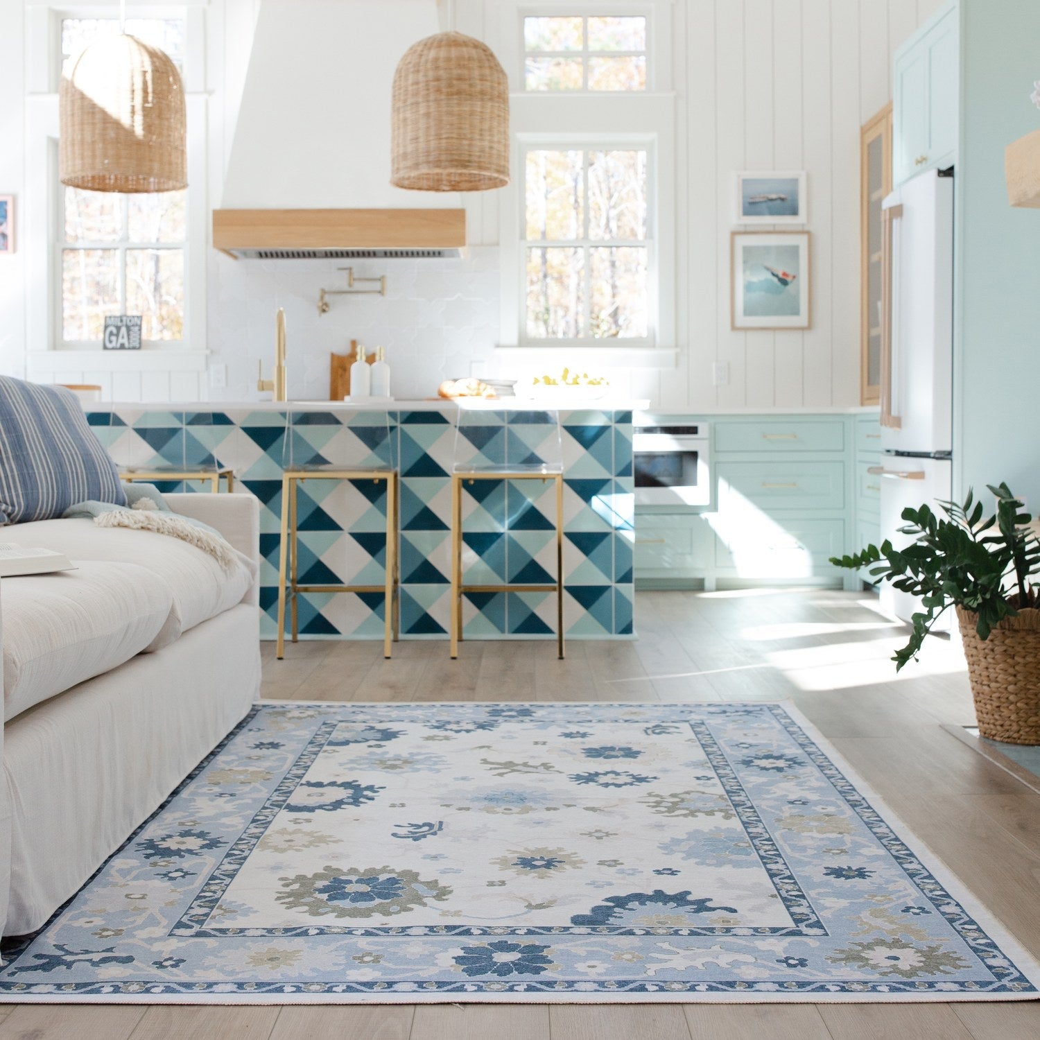 Addison Oushak Floral White Blue Machine Washable Rug - Addison ADD05