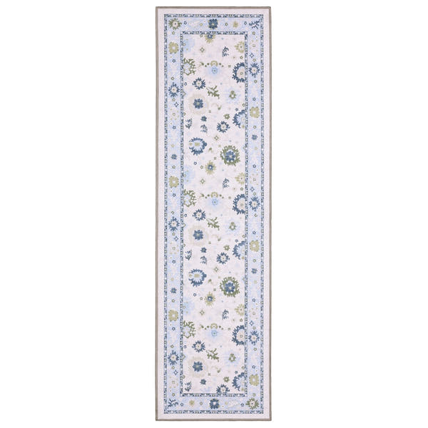 Addison Oushak Floral White Blue Machine Washable Rug - Addison ADD05 #_shape=Runner