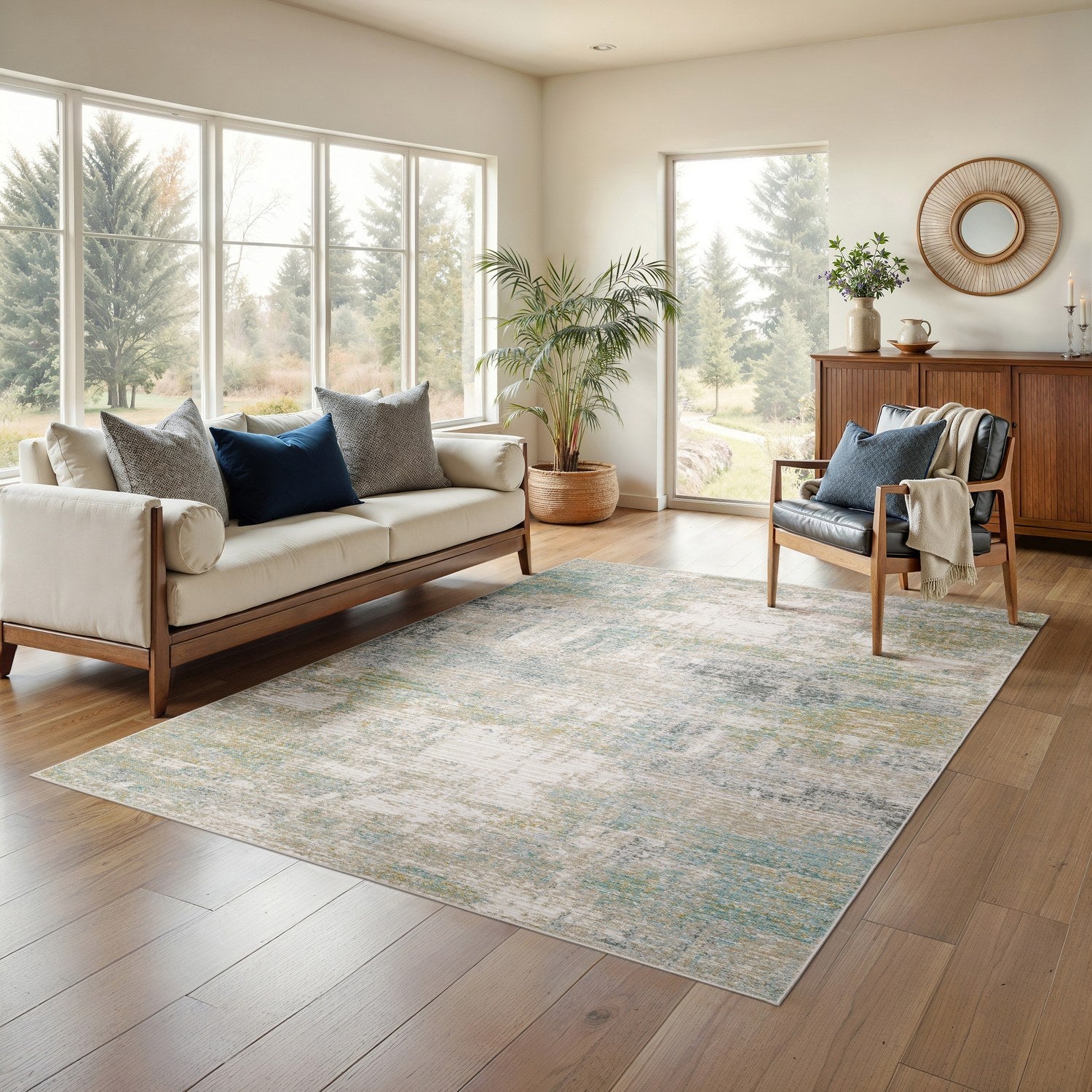 Cavett Mist Abstract Ivory Teal Washed Vintage Rug - Cavett CAV01