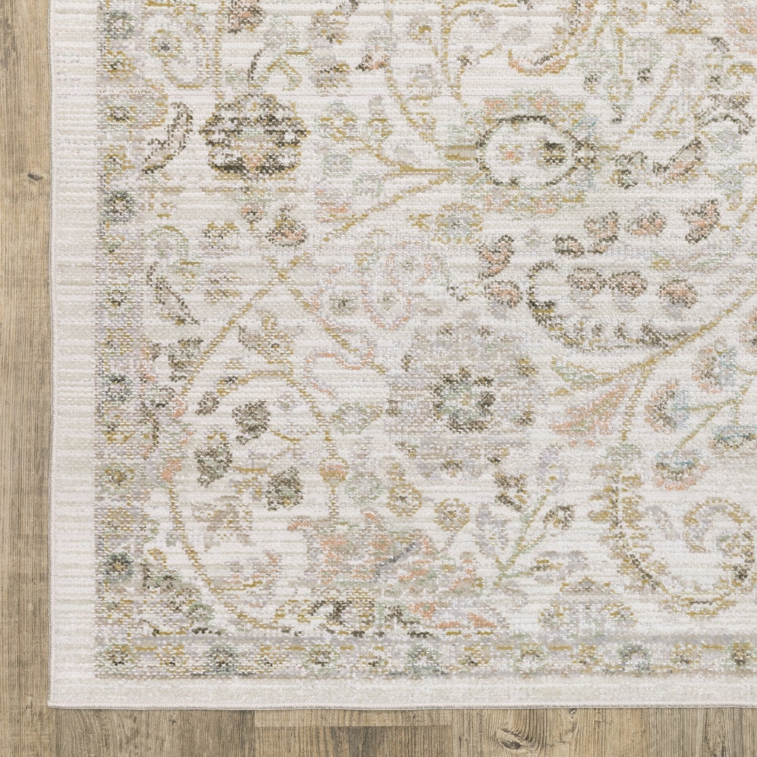 Cavett Floral Damask Ivory Gold Washed Vintage Rug - Cavett CAV05