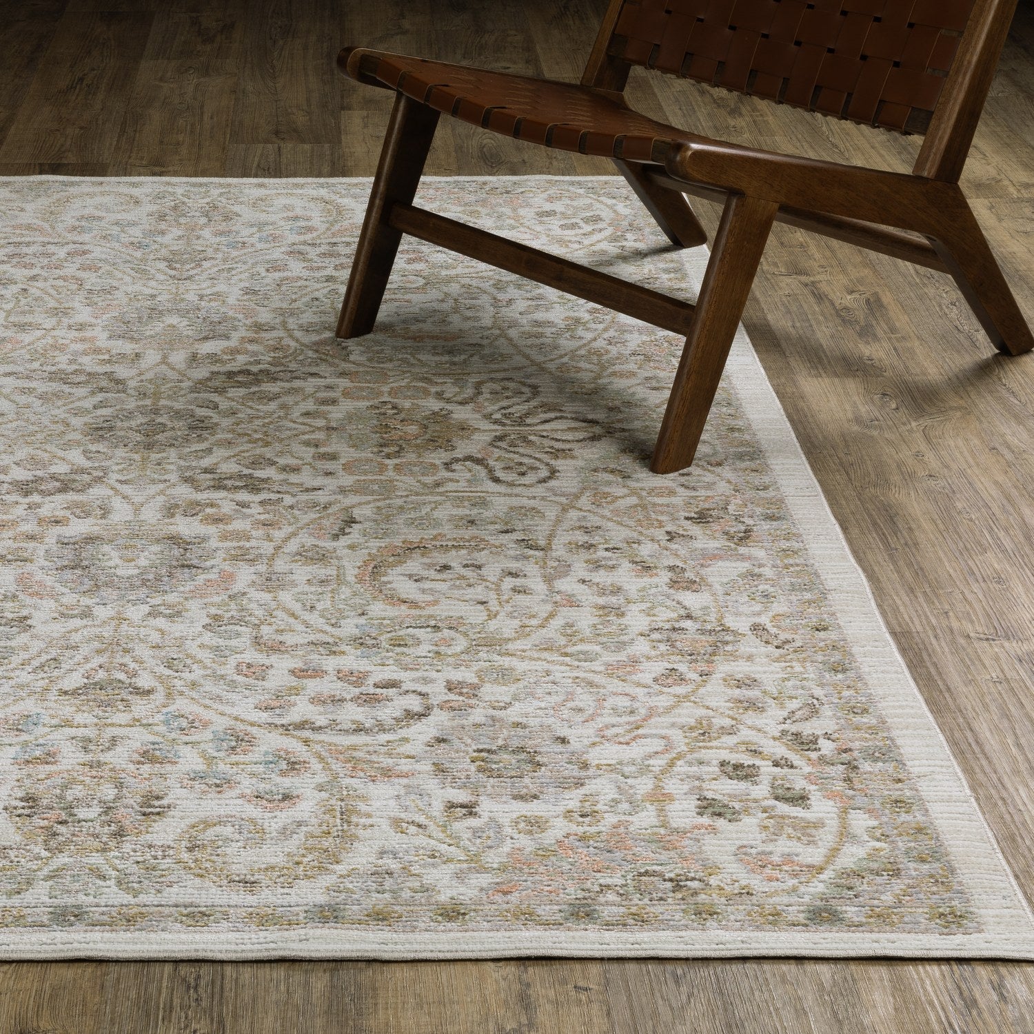 Cavett Floral Damask Ivory Gold Washed Vintage Rug - Cavett CAV05