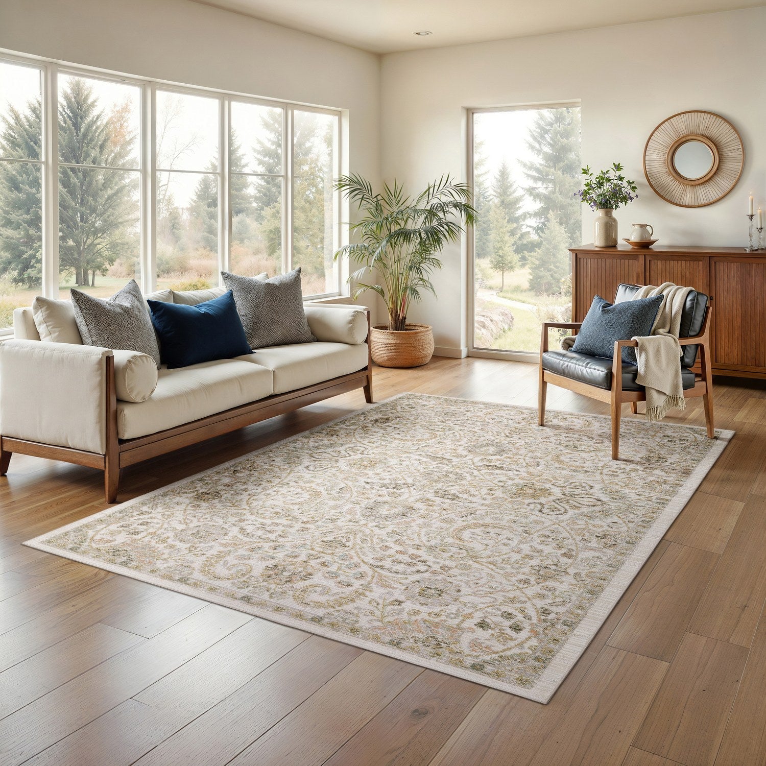 Cavett Floral Damask Ivory Gold Washed Vintage Rug - Cavett CAV05