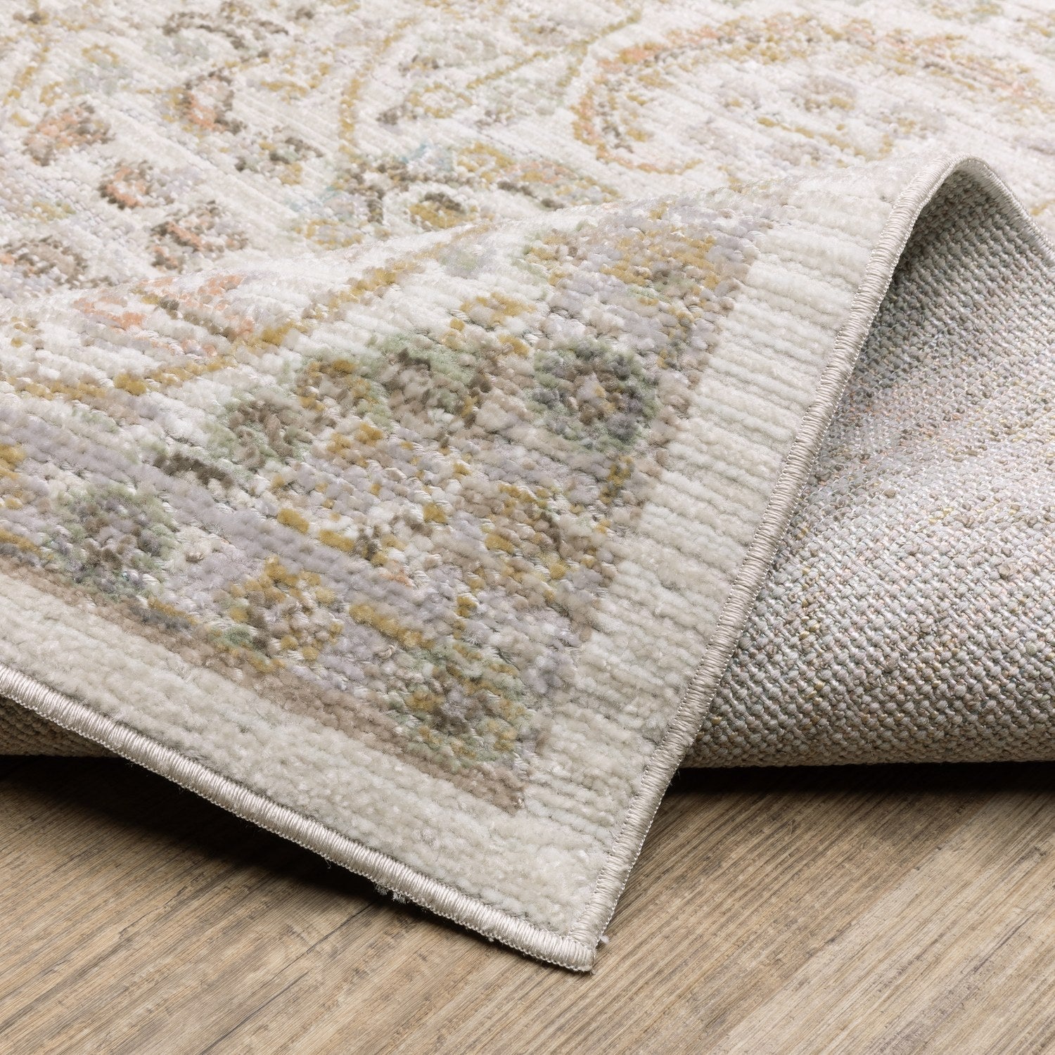 Cavett Floral Damask Ivory Gold Washed Vintage Rug - Cavett CAV05