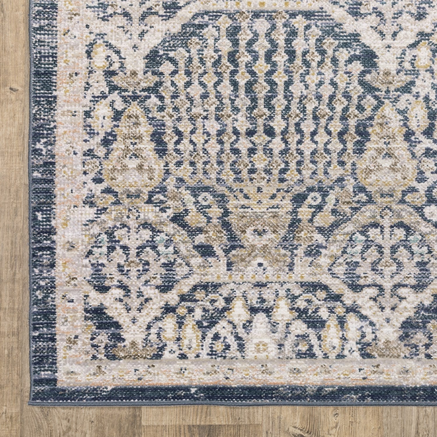 Cavett Damask Navy Gold Washed Vintage Rug - Cavett CAV06