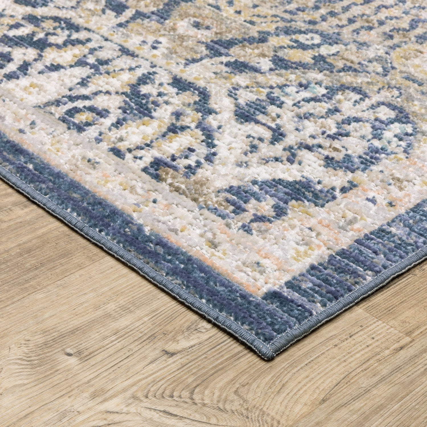 Cavett Damask Navy Gold Washed Vintage Rug - Cavett CAV06