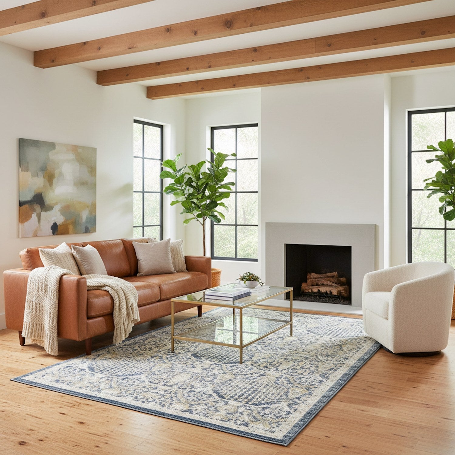 Cavett Damask Navy Gold Washed Vintage Rug - Cavett CAV06