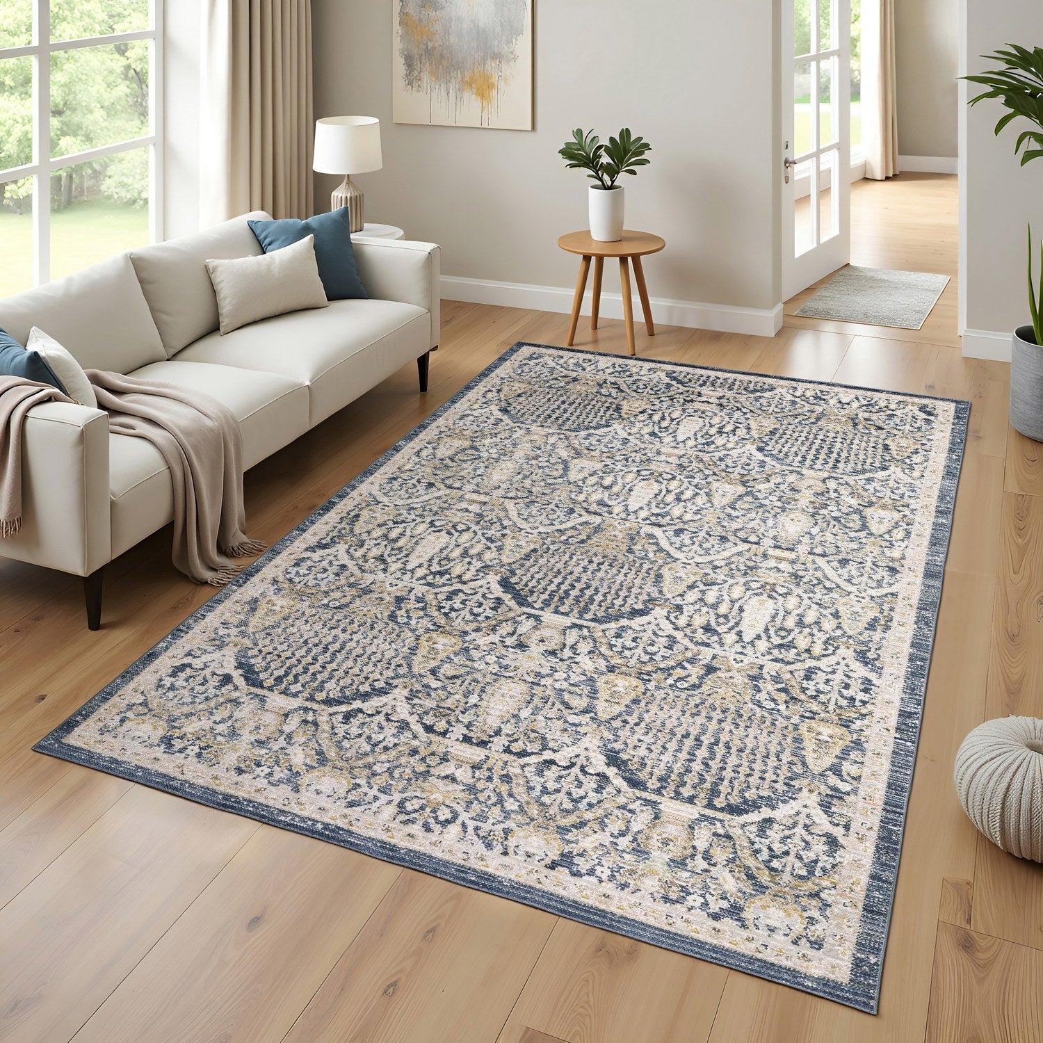 Cavett Damask Navy Gold Washed Vintage Rug - Cavett CAV06