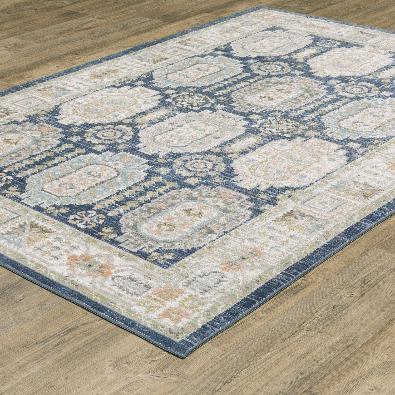 Cavett Panel Medallion Navy Ivory Washed Vintage Rug - Cavett CAV07