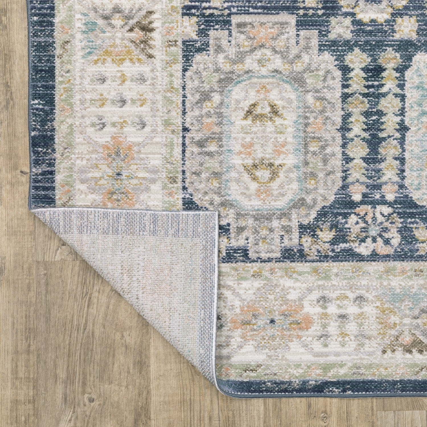 Cavett Panel Medallion Navy Ivory Washed Vintage Rug - Cavett CAV07
