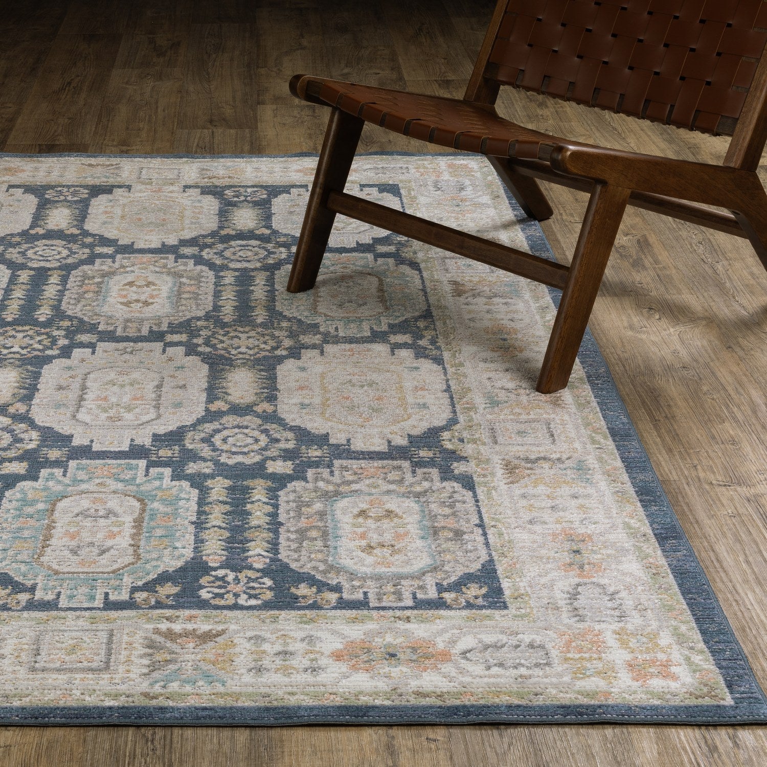 Cavett Panel Medallion Navy Ivory Washed Vintage Rug - Cavett CAV07