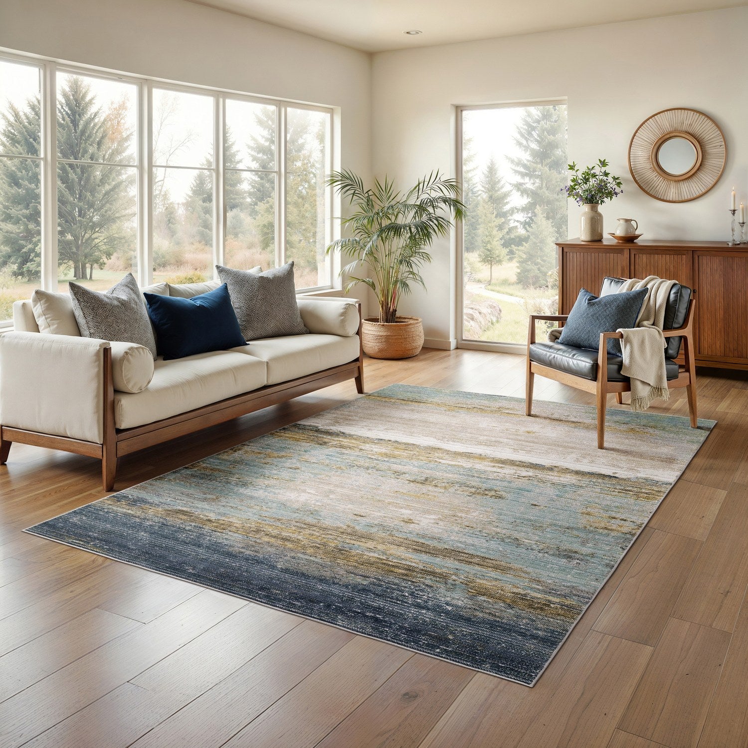 Cavett Horizon Abstract Blue Beige Washed Vintage Rug - Cavett CAV09