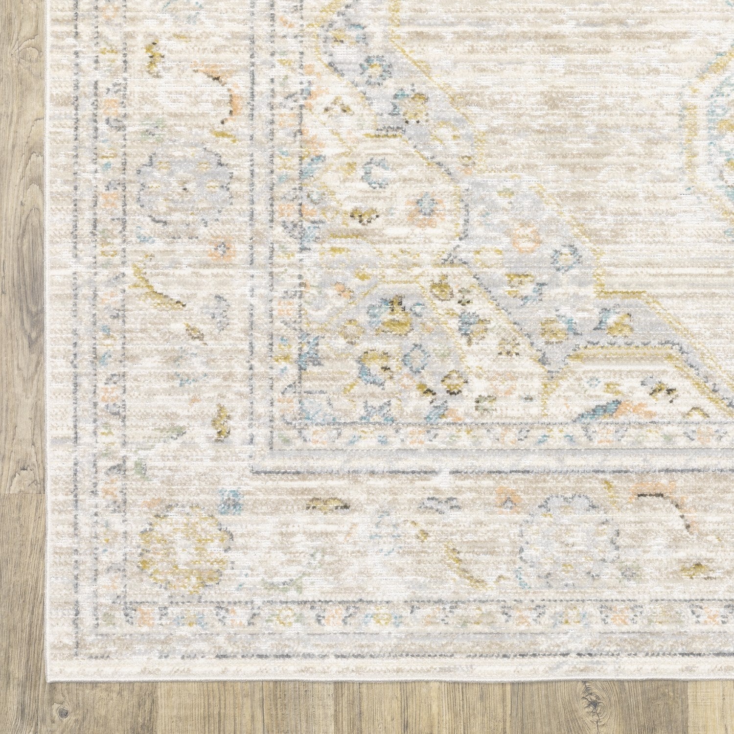 Cavett Faded Medallion Beige Blue Washed Vintage Rug - Cavett CAV11