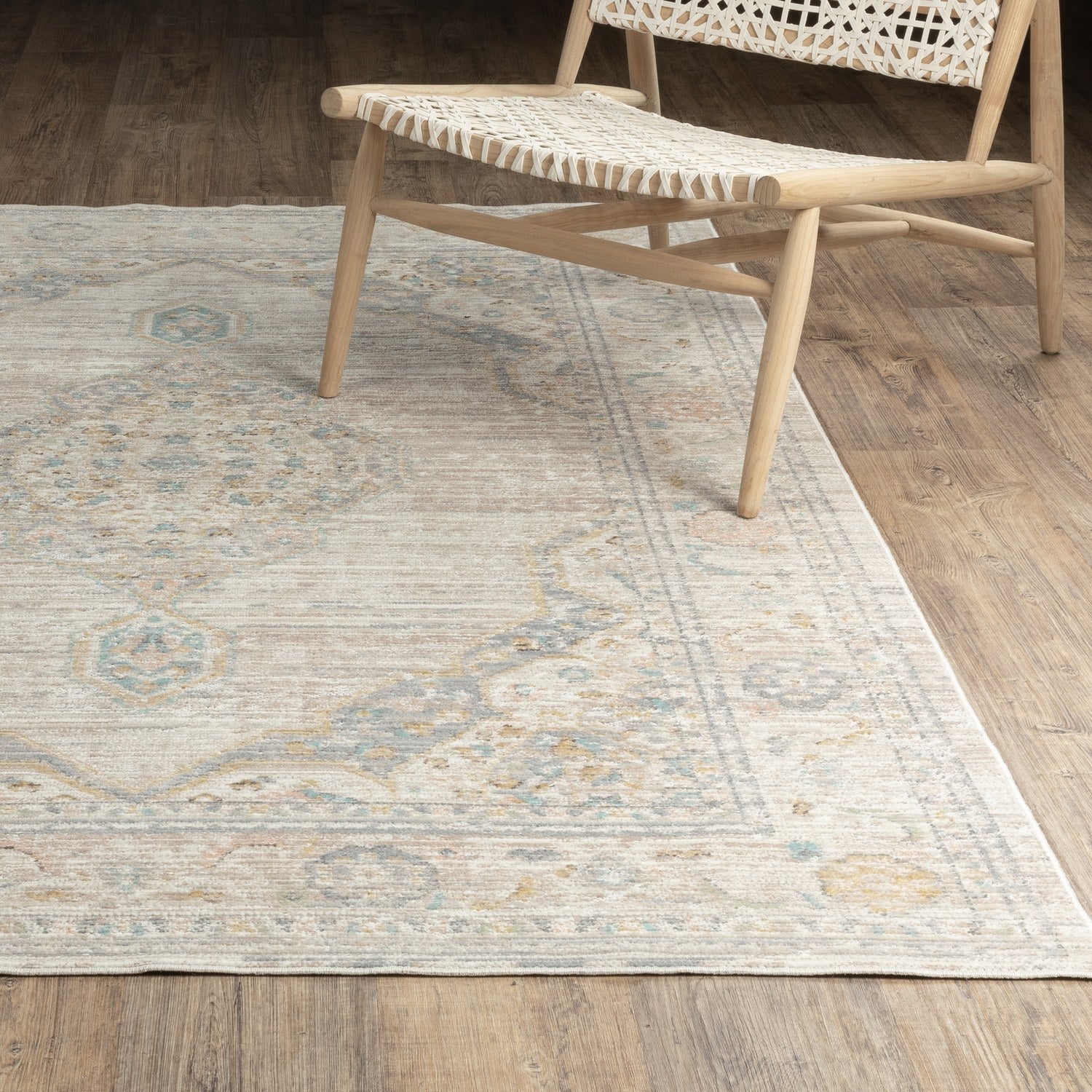 Cavett Faded Medallion Beige Blue Washed Vintage Rug - Cavett CAV11