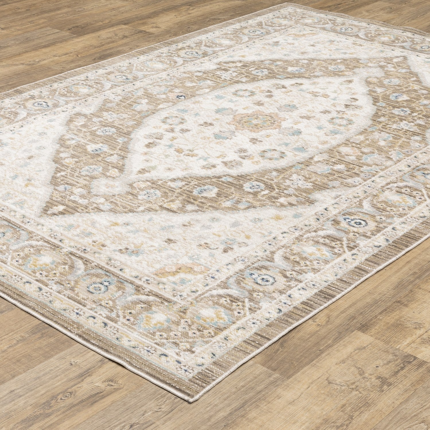 Cavett Bordered Medallion Brown Blue Washed Vintage Rug - Cavett CAV12