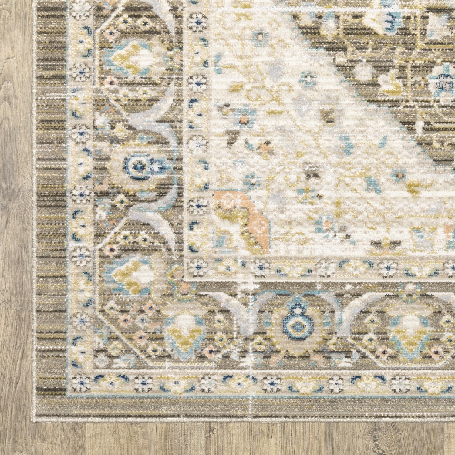 Cavett Bordered Medallion Brown Blue Washed Vintage Rug - Cavett CAV12